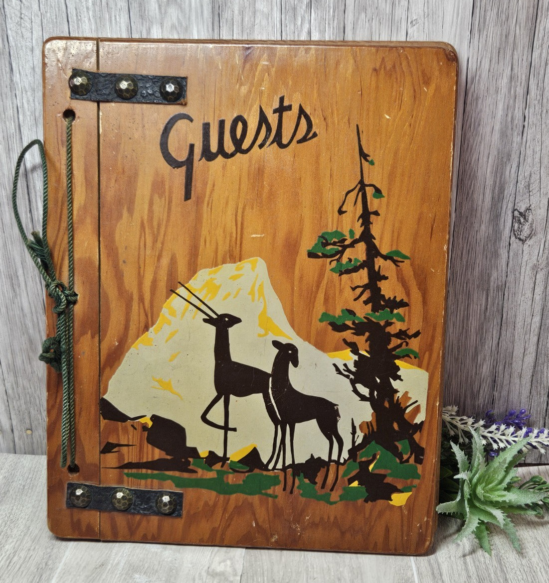Vintage 1941 Wooden Guest Book Rustic Lodge Deer Mountain Folk Art Cord Bound
