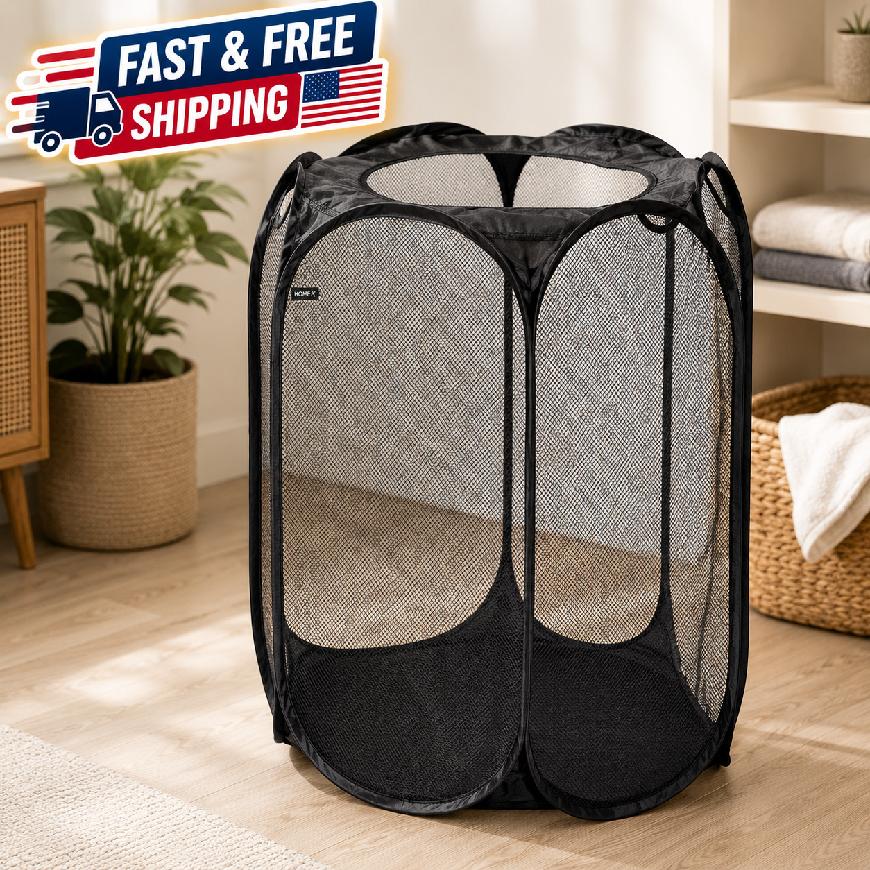 Mainstays Pop-Up Black Hexagon Mesh Laundry Hamper with Heavy Duty Handles
