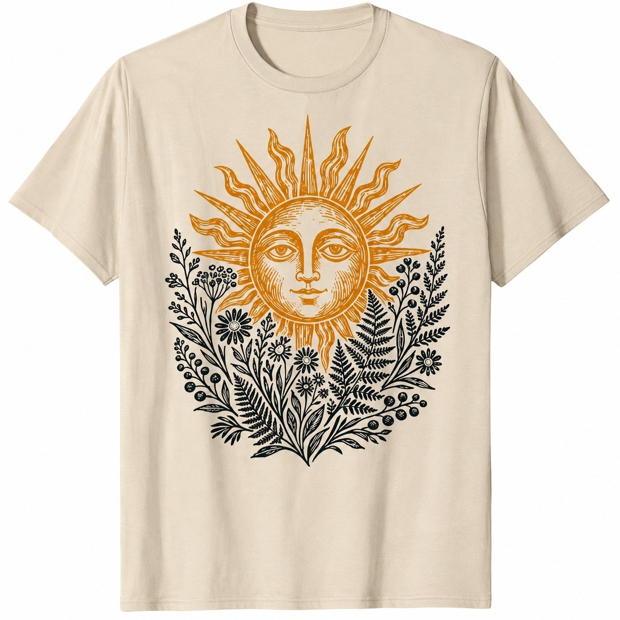 Boho Sun Face T-Shirt Vintage Botanical Wildflower Celestial Nature Graphic Tee
