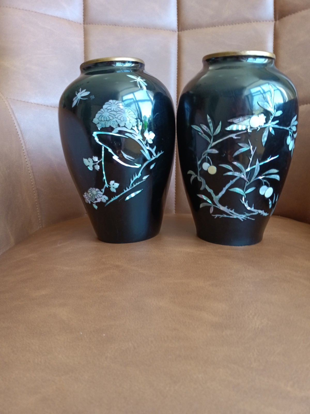 2 vintage Korean Black Lacquer Vases Mother of Pearl 2 vintage Korean Black Lacquer Vases Mother of Pearl