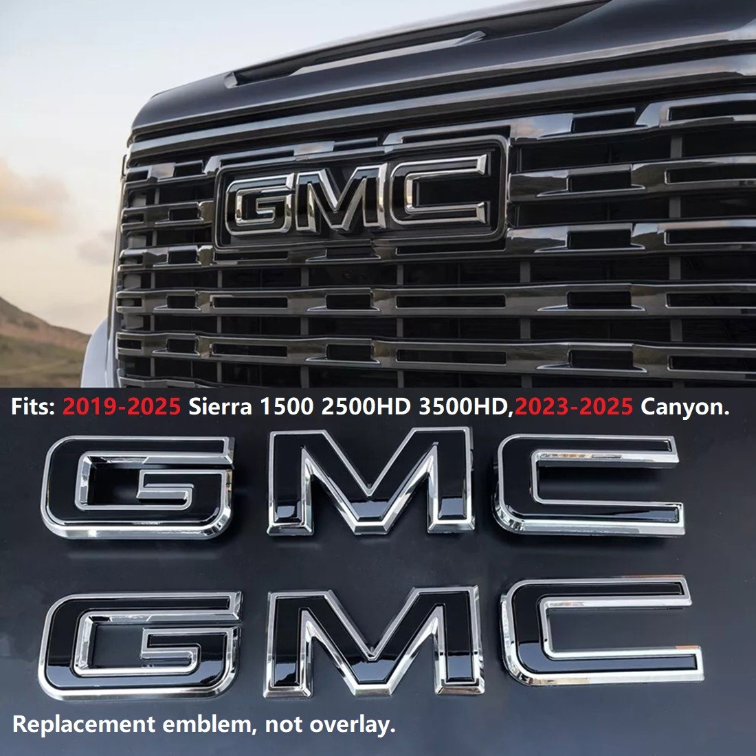 2x OEM Grille Tailgate Black GMC Emblem for Badge 2019+ Sierra 1500 2500 Chrome