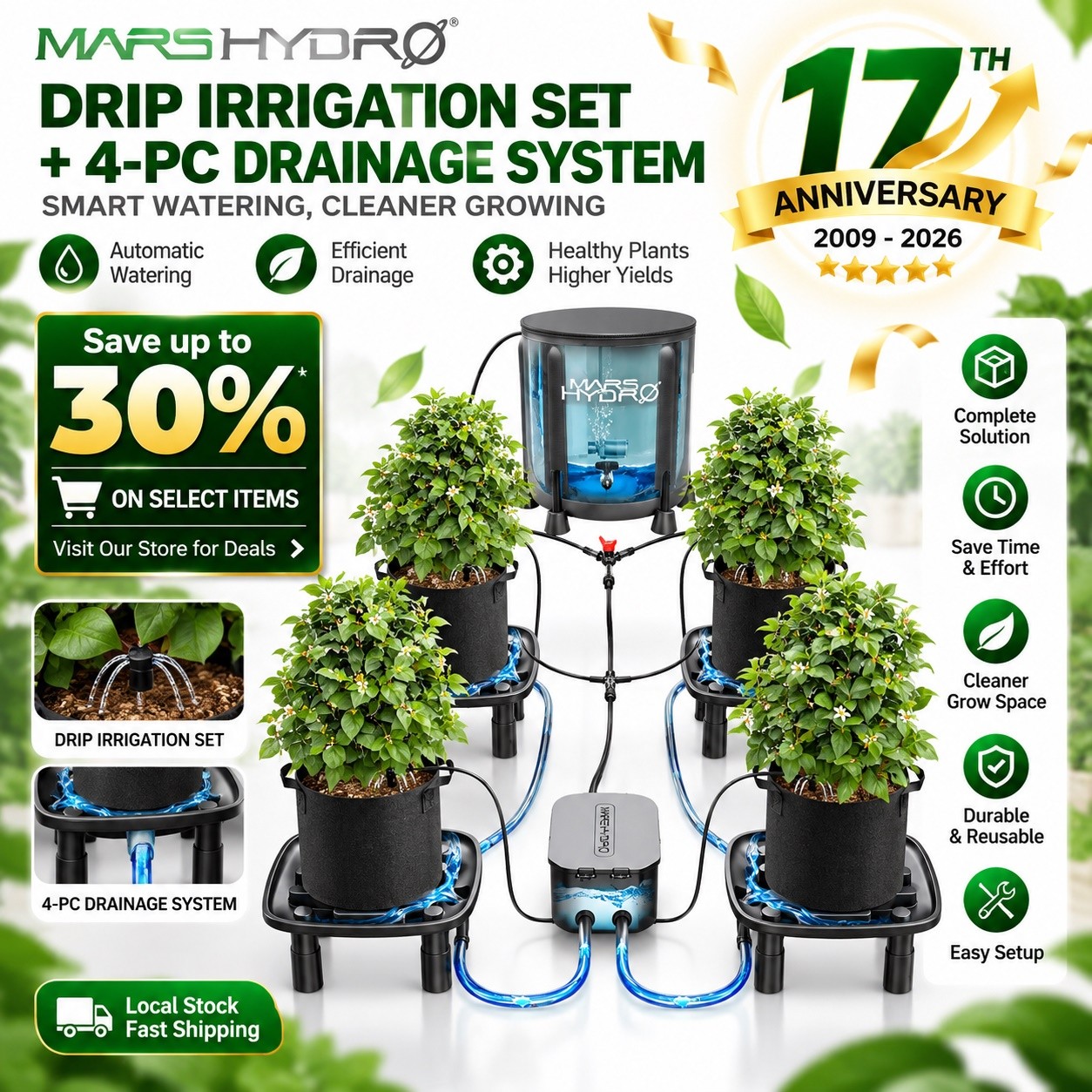Mars Hydro 50L Foldable Drip&Auto-Drain Kit: 4 Trays|Pump|Grow Bags for 8 Plants