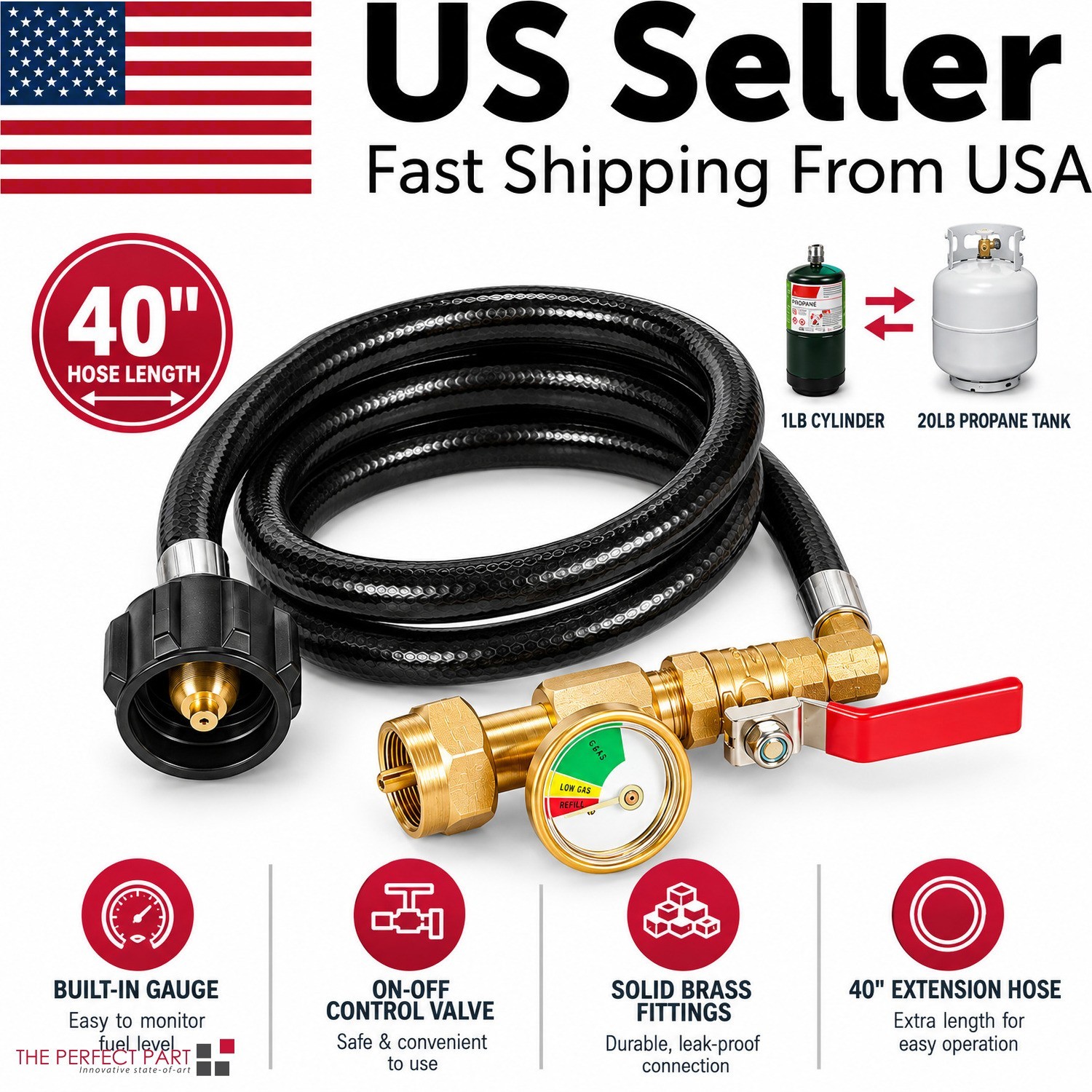 1LB To 20LB Propane Refill Adapter Extension Hose With Gauge On-Off Control 40''