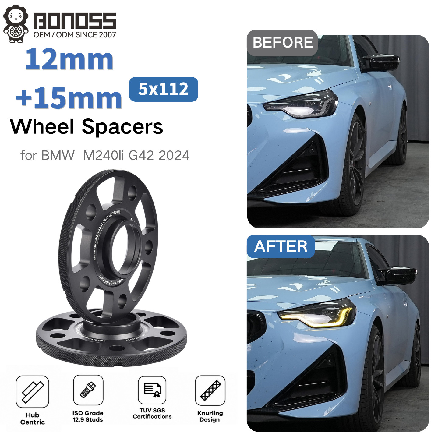 BONOSS 4PCS 12mm+15mm 5x112 Wheel Spacers with 20 bolts for BMW M240i G42 2024