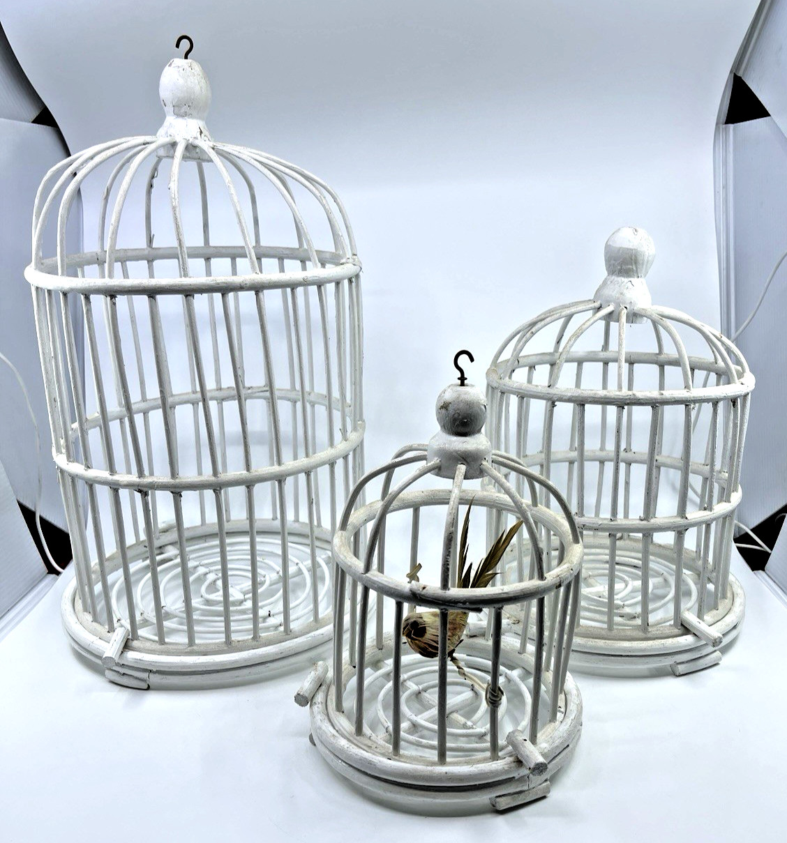 VTG MCM White Wicker Rattan Rosenthal Netter Bird Plant Cages with Bird VTG MCM White Wicker Rattan Rosenthal Netter Bird Plant Cages with Bird