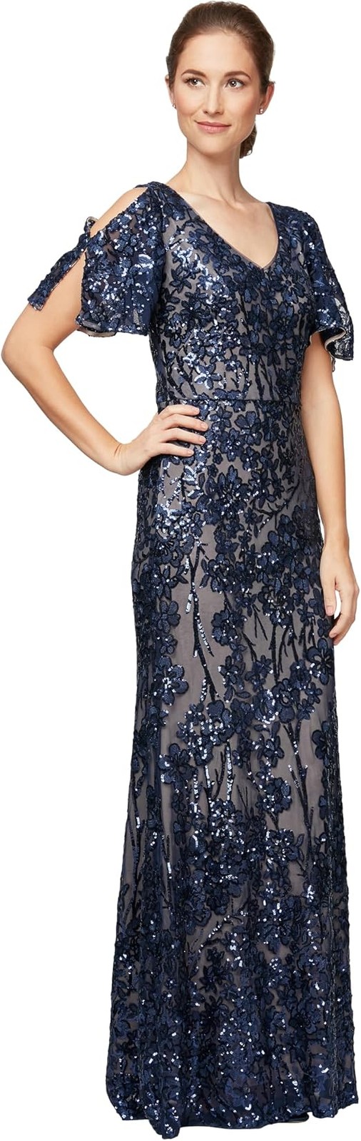 Alex Evenings Womens Sequin Dress w/Flutter Sleeves, Navy, Size 10