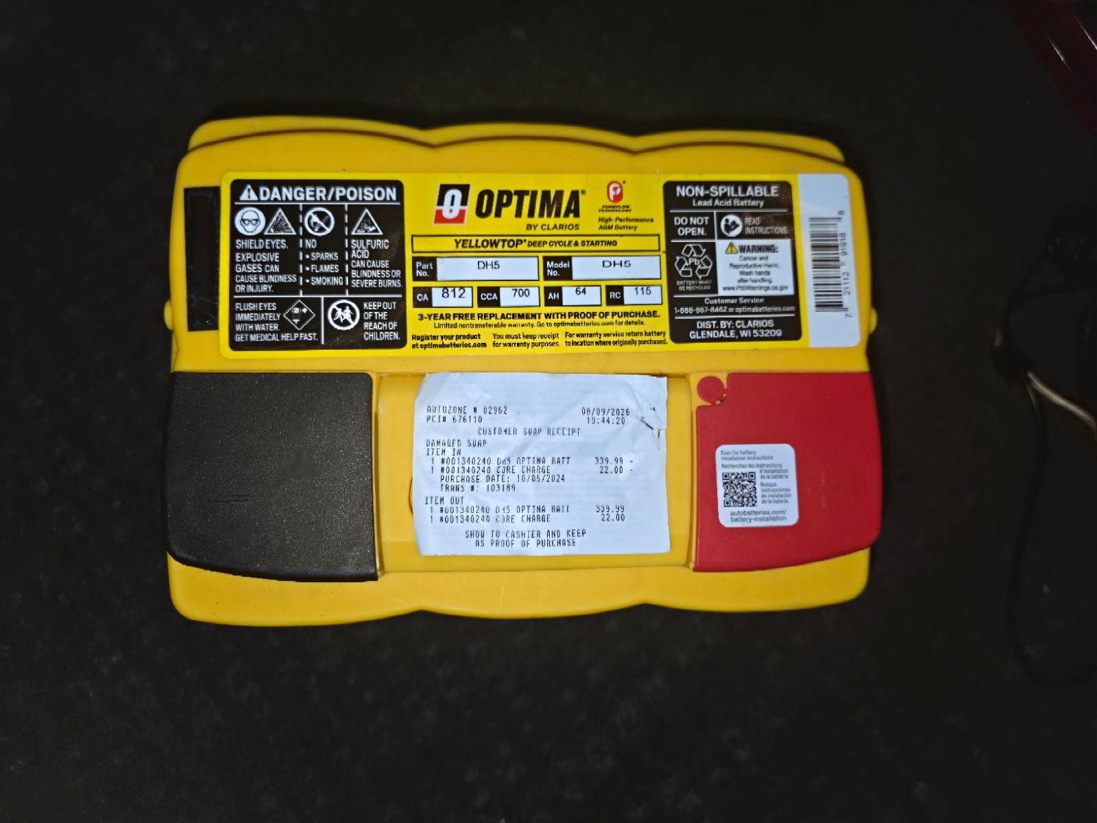 BRAND NEW Optima YellowTop DH5 AGM Deep Cycle Battery (H5 / Group 47) + Receipt BRAND NEW Optima YellowTop DH5 AGM Deep Cycle Battery (H5 / Group 47) + Receipt
