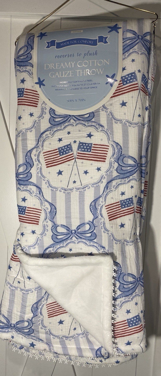 enVogue Patriotic Dreamy Cotton Gauze Throw Blanket Coguette Bows Flags 50 x 70