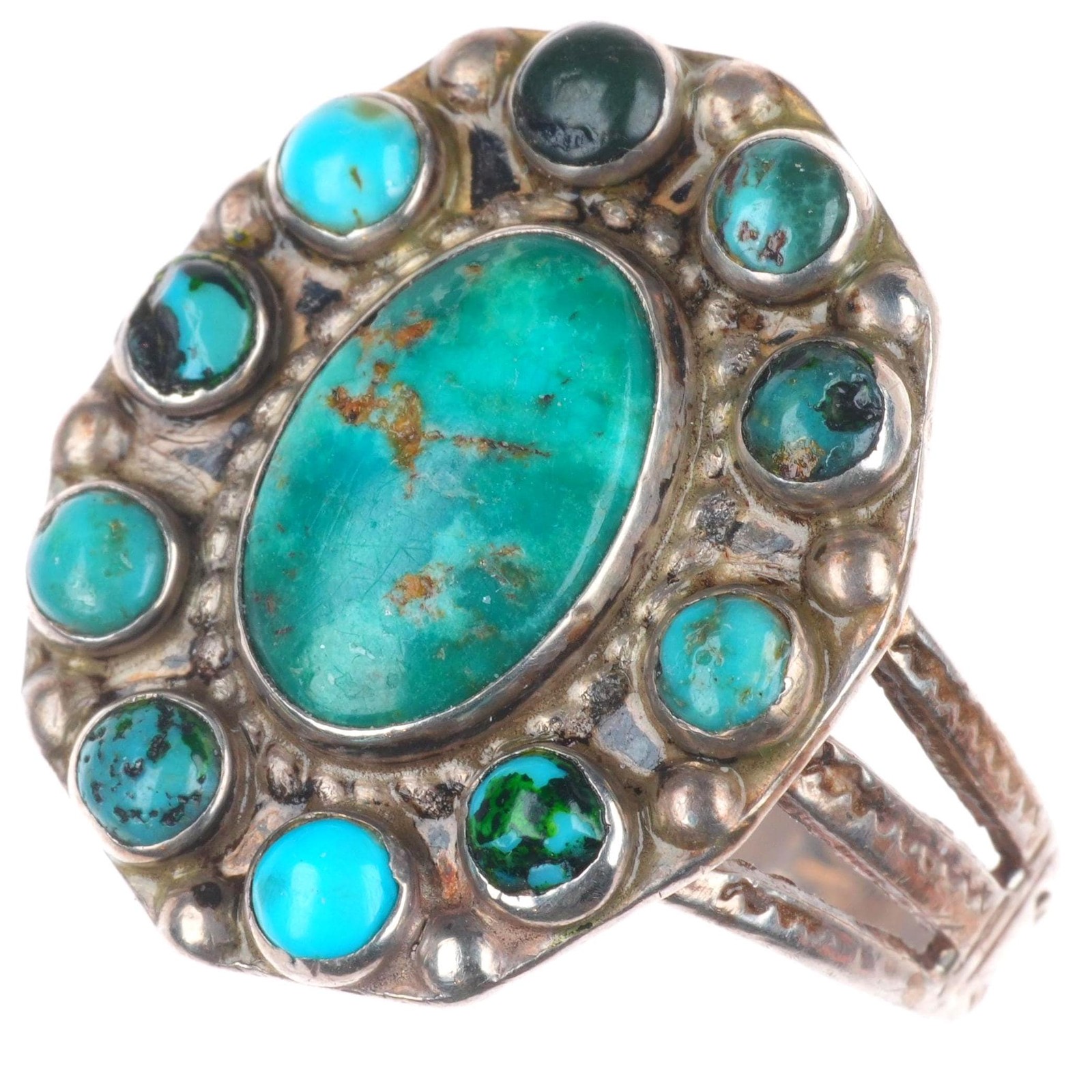 sz9 c1940\'s vintage Zuni sterling silver turquoise satellite cluster ring sz9 c1940\'s vintage Zuni sterling silver turquoise satellite cluster ring