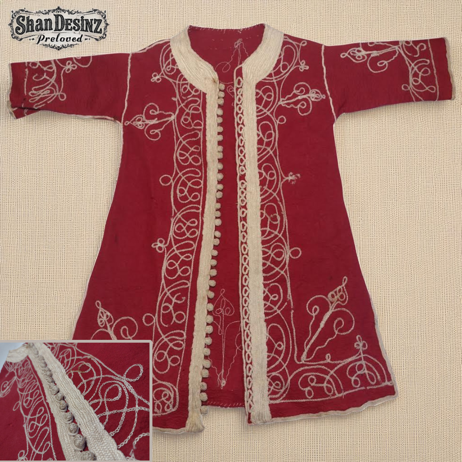 Antique Central Asian Child Chapan Robe Red Wool Hand Embroidered Folk Textile