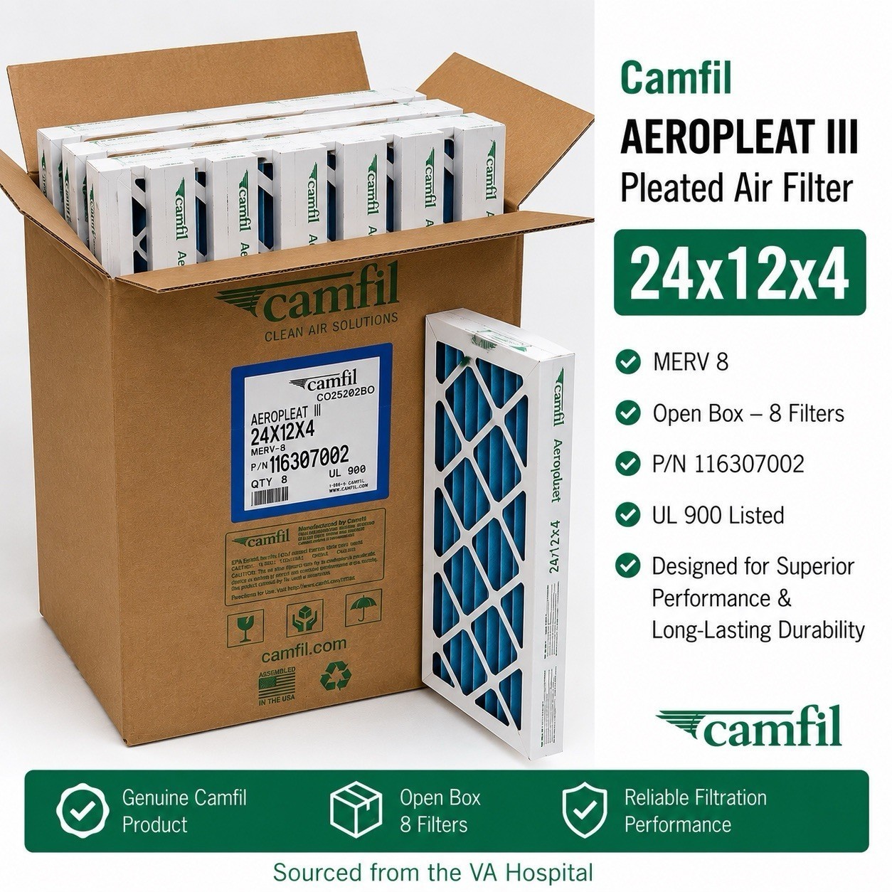Camfil Aeropleat III 24x12x4 MERV 8 Air Filters 116307002 Case Of 8