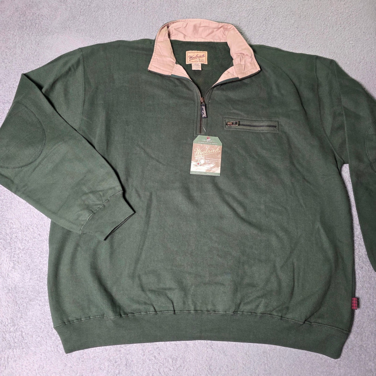 Woolrich Mens XL Quarter Zip Sweatshirt Green Cotton Elbow Patch Pocket Vintage