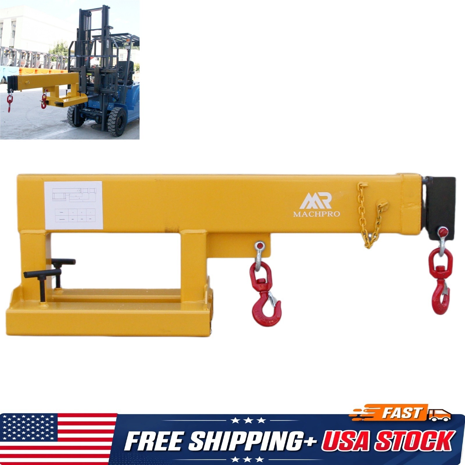 Forklift Crane Jib Attachment 2Hooks Adjustable Lifting Hoist Forklift Extension