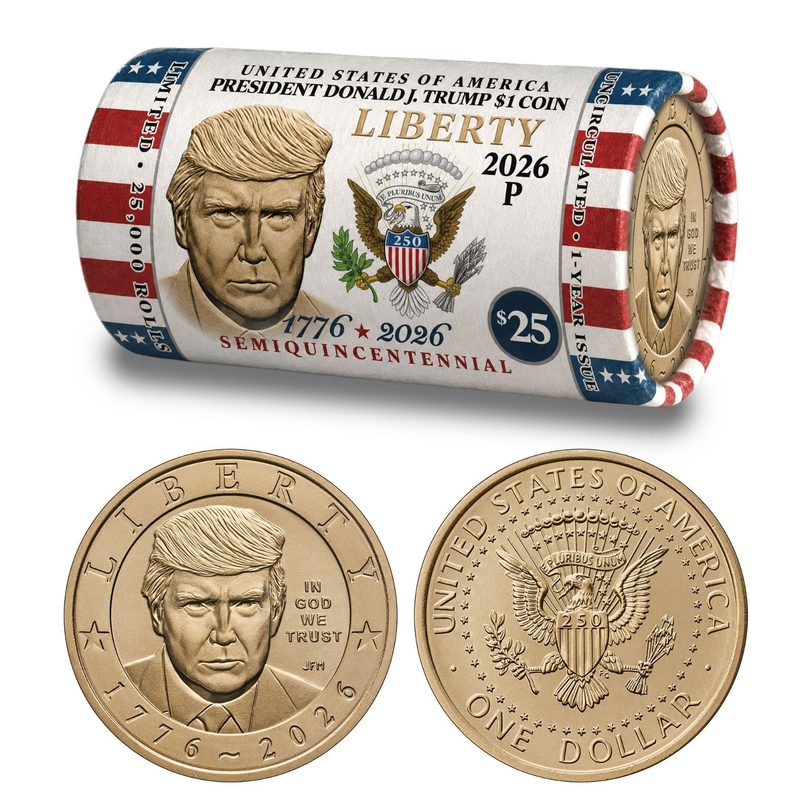 2026 Donald J. Trump $1 Coin Roll LIBERTY HORIZONTAL DESIGN Ltd to 25,000 Rolls