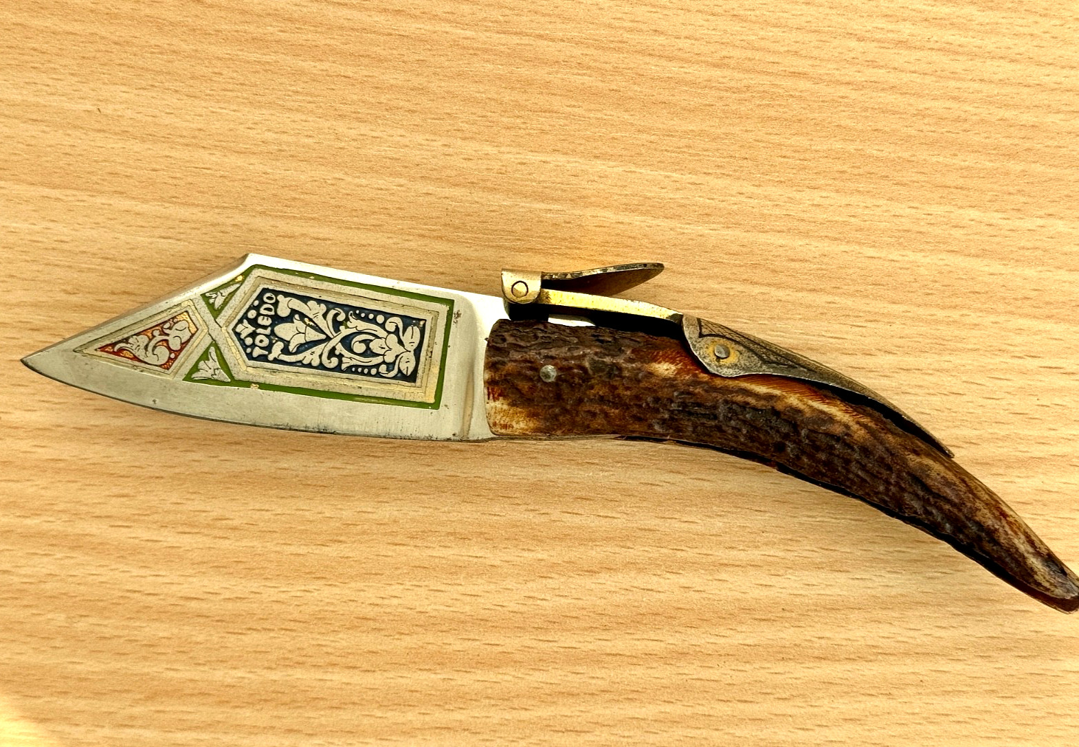 Antique German Folding Hunting Knife TOLEDO Etched Blade c.1900 Pre-WWI