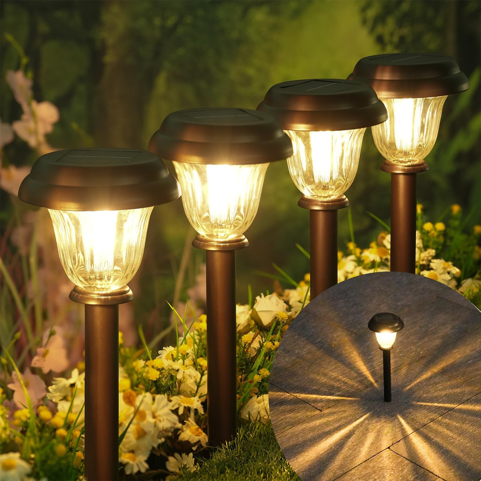 8 Pack Solar Lights Outdoor, Stainless Steel Glass Solar Pathway Lights, Auto…