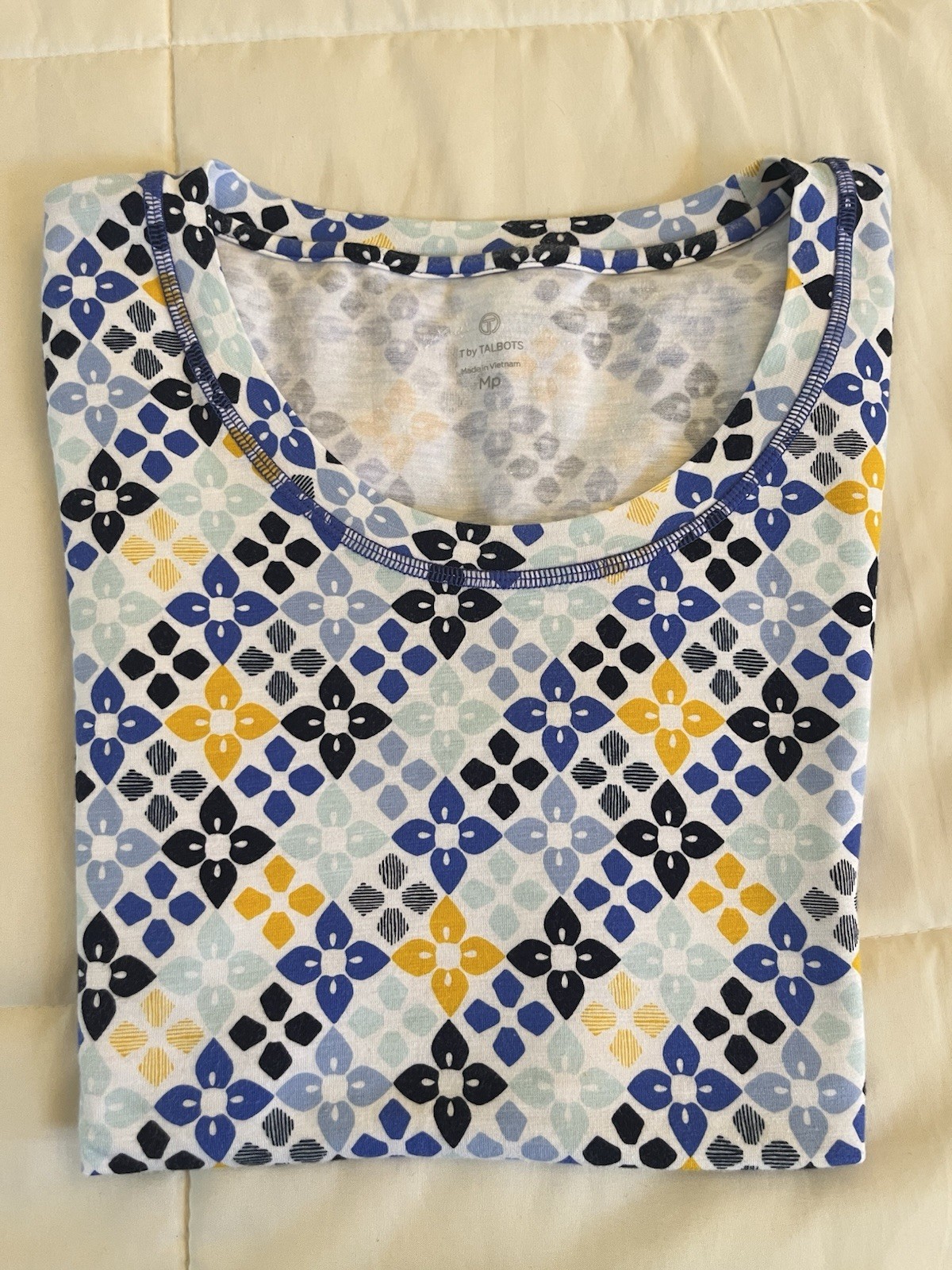 Talbots Women\'s M/p Blue White Yellow T Shirt Short Sleeve Round Nexk Talbots Women\'s M/p Blue White Yellow T Shirt Short Sleeve Round Nexk