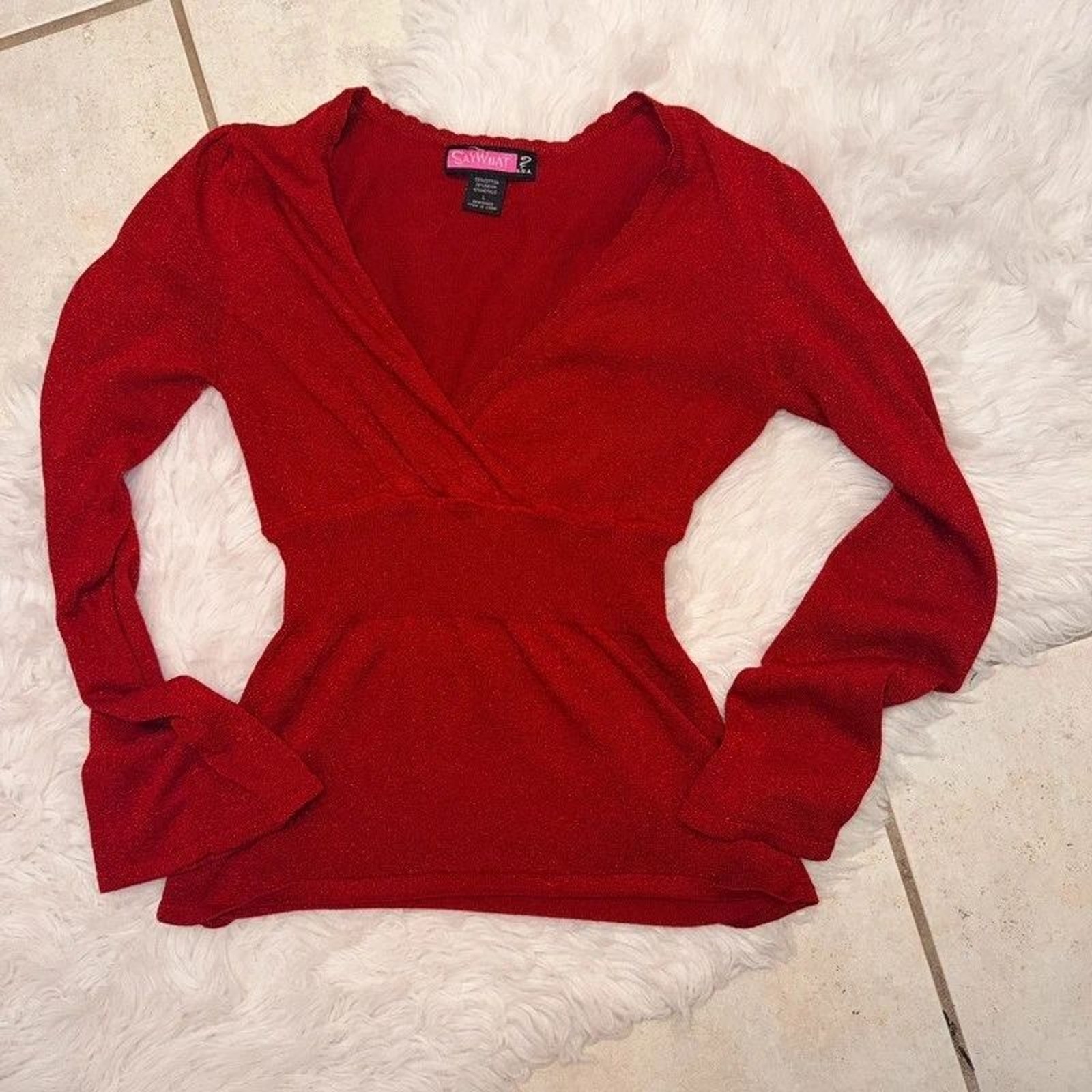 VTG Y2K Say What Red Metallic Shimmer Wrap Babydoll Knit Top Large L VTG Y2K Say What Red Metallic Shimmer Wrap Babydoll Knit Top Large L
