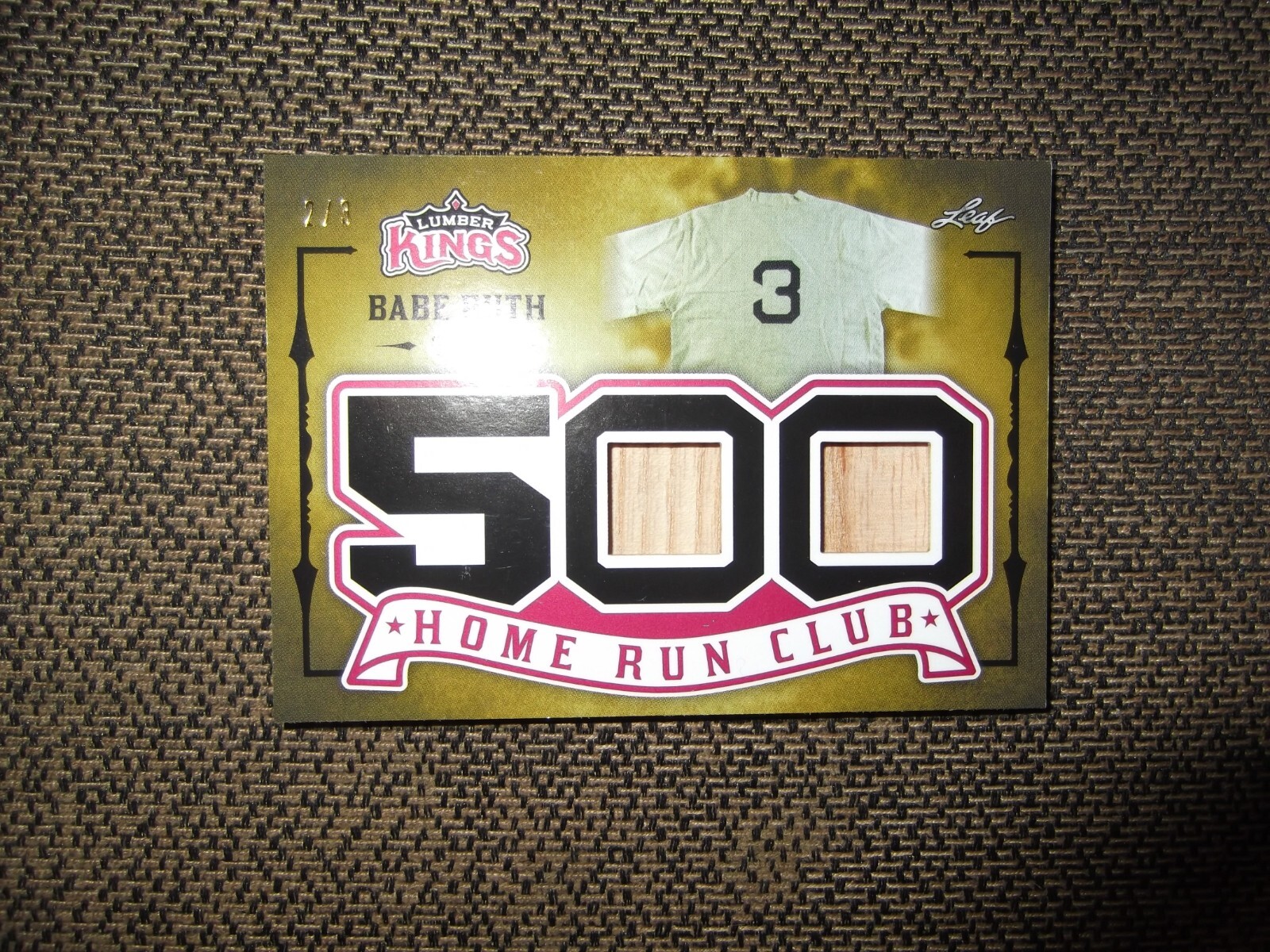 2020 PANINI LEAF LUMBER KINGS 500 HOME RUN CLUB BABE RUTH BAT CARD, 2-RELICS /3 2020 PANINI LEAF LUMBER KINGS 500 HOME RUN CLUB BABE RUTH BAT CARD, 2-RELICS /3