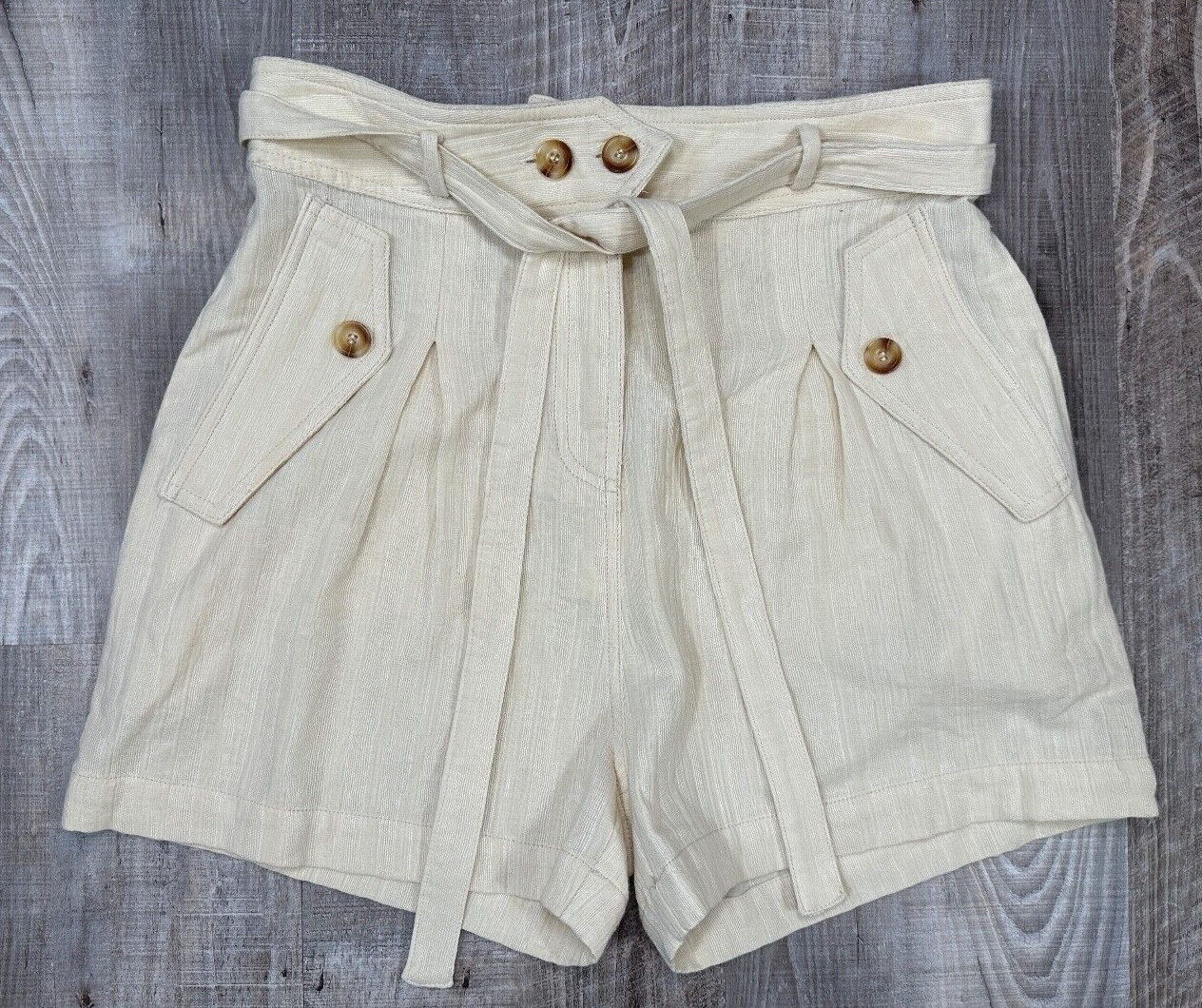 NWT FRNCH Paris Millena Women\'s Size  L Paper Bag Waist Shorts Cream Cotton