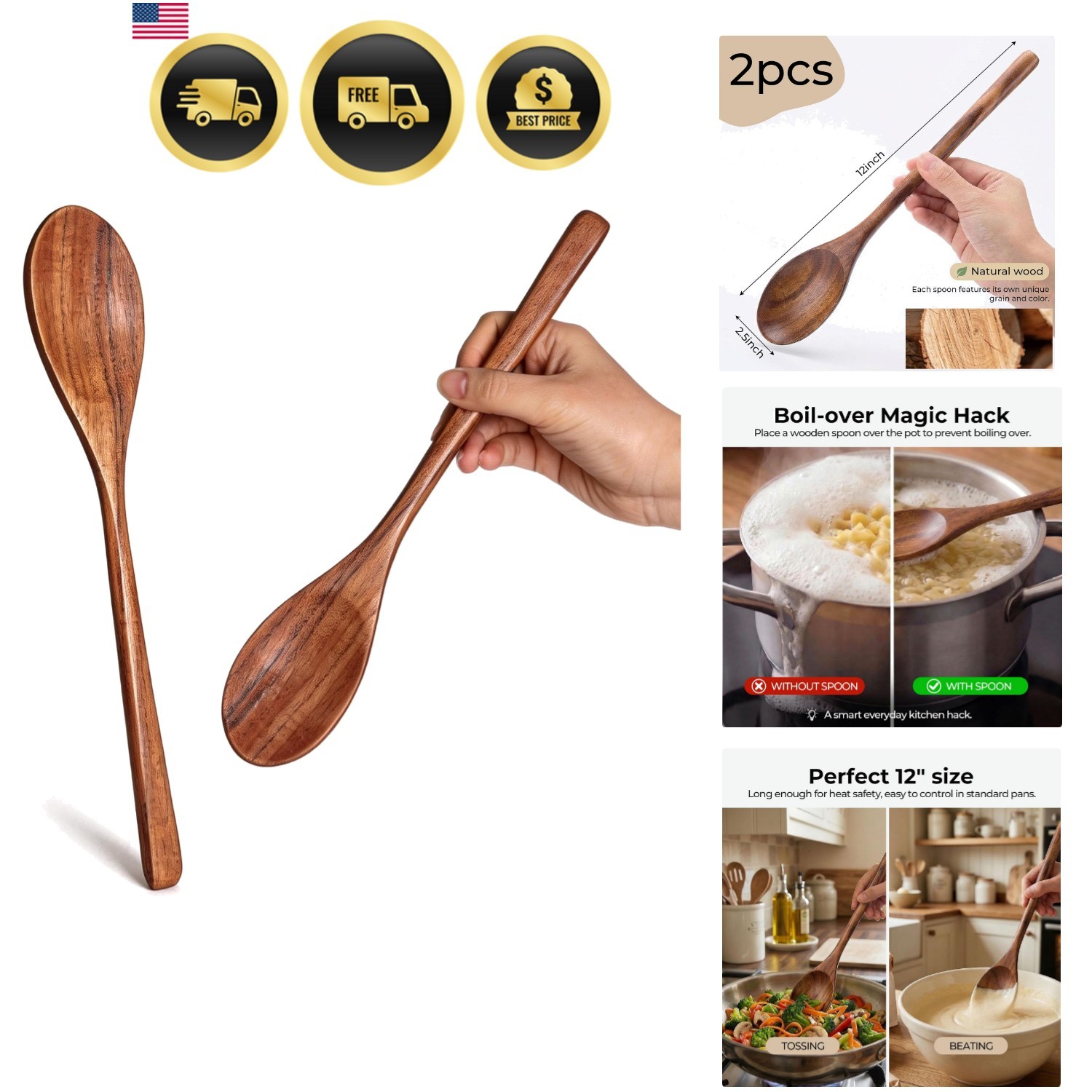 Wooden Spoons for Cooking, 2 PCS Wooden Cooking Utensils Wooden Spoons for Cooking, 2 PCS Wooden Cooking Utensils