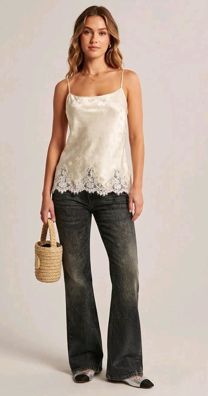 Reformation Women’s Carolina Jacquard Satin Top Cream Color Lace Trim Size S Reformation Women’s Carolina Jacquard Satin Top Cream Color Lace Trim Size S