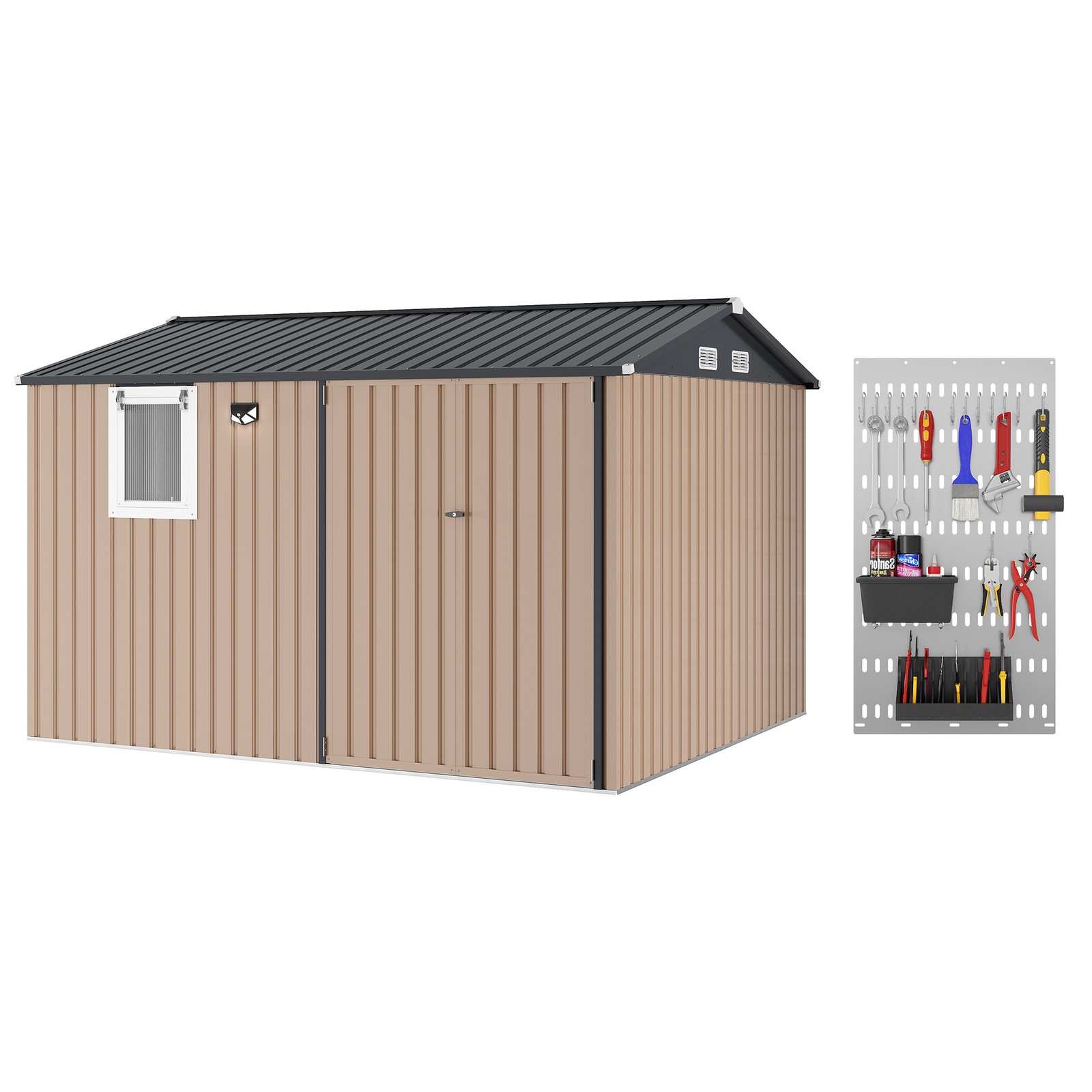 Garvee 10x8ft Outdoor Metal Shed Lockable Doors LED for Patio Backyard Brown