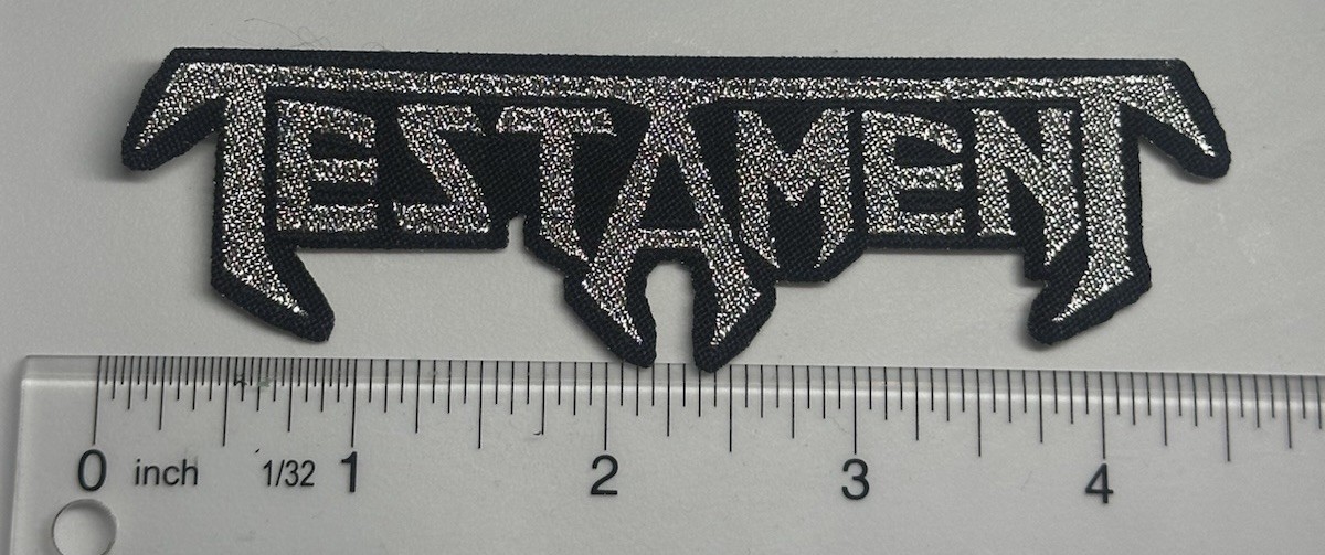 Testament Metallic Silver Logo Black Border Woven Patch