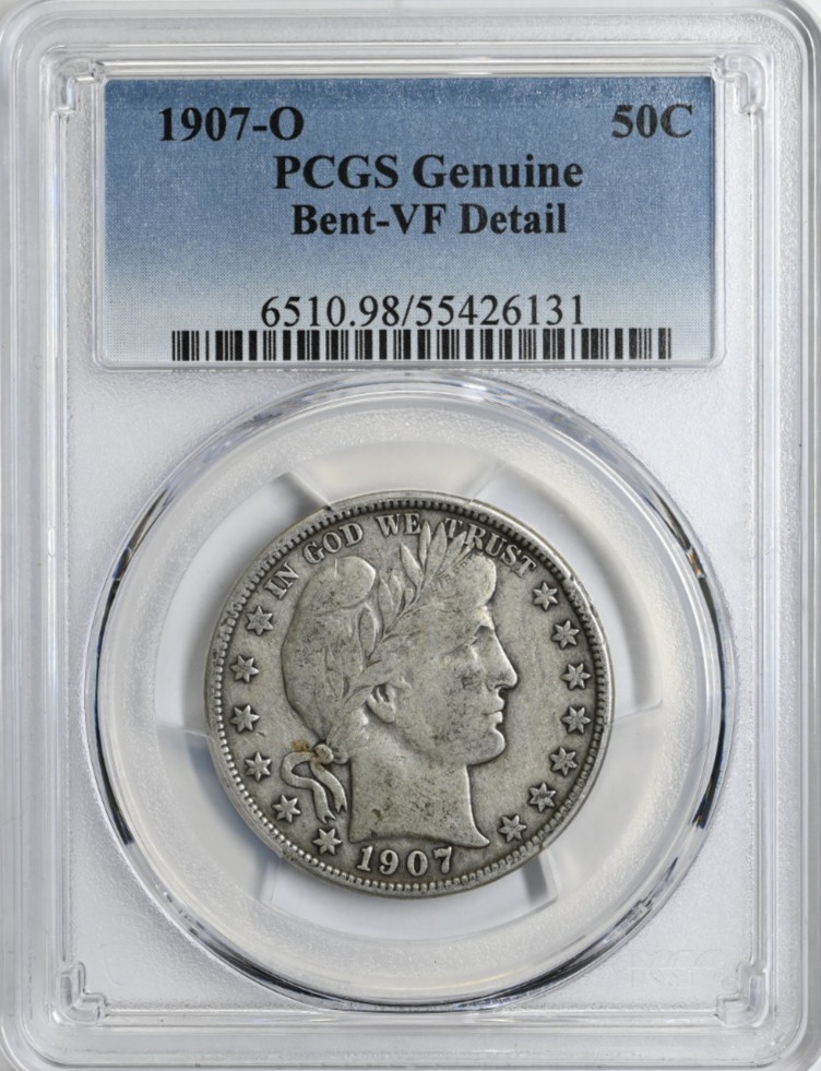 1907-O 50C BARBER Half Dollar PCGS Bent VF Detail Silver Coin 6510
