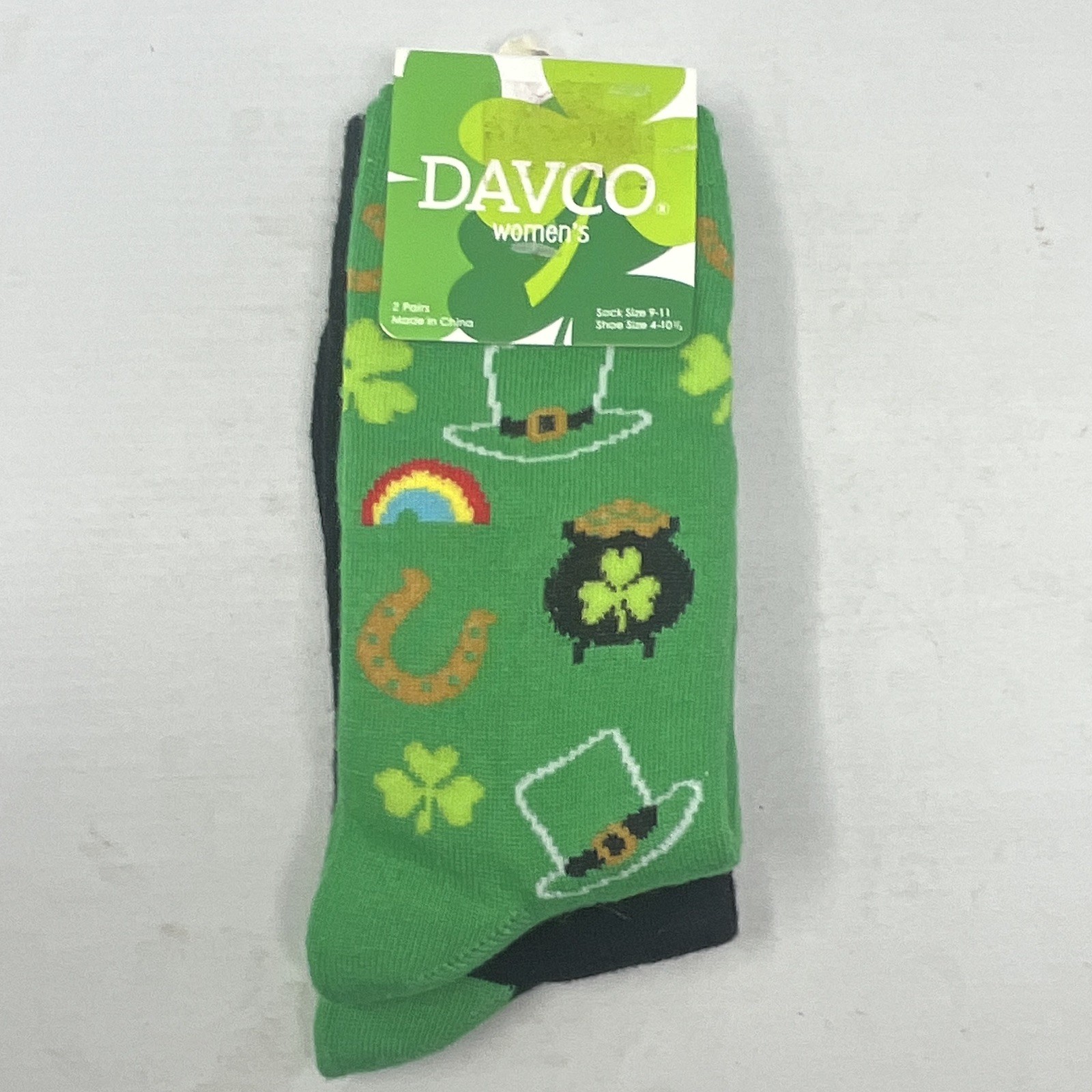 DAVCO Women’s St. Patrick’s Day Shamrock Novelty Crew Socks 2 Pairs 9-11 size 