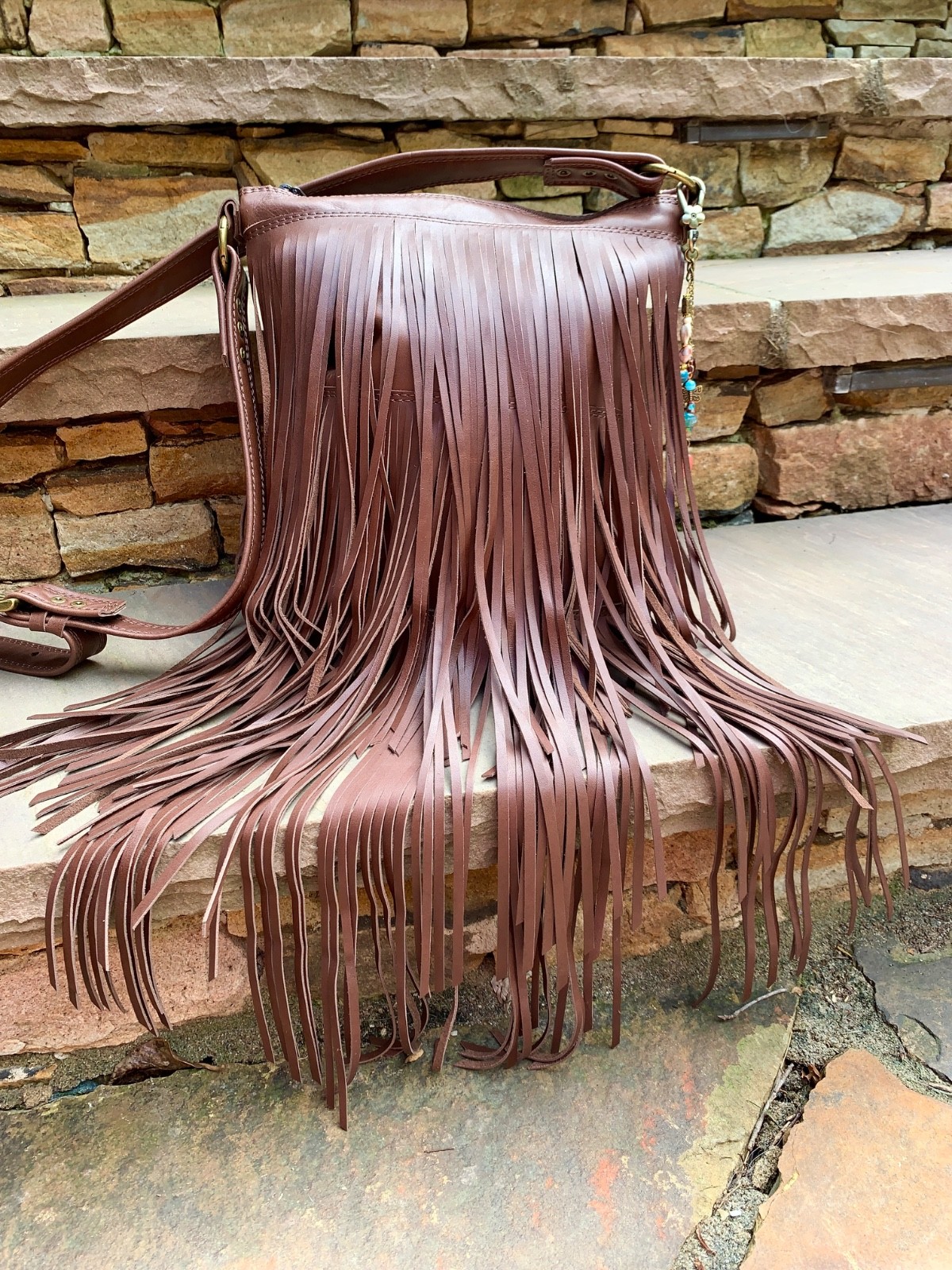 Brown  leather boho Southwest festival LONG fringe crossbody bag