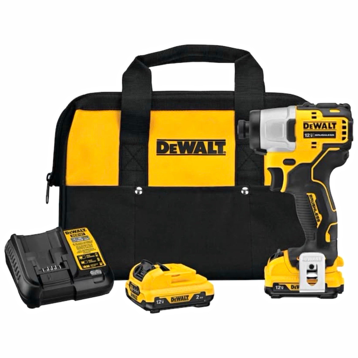 DEWALT 12V Brushless 1/4 in Keyless Impact Driver Kit DCF801 2Ah Batt DEWALT 12V Brushless 1/4 in Keyless Impact Driver Kit DCF801 2Ah Batt