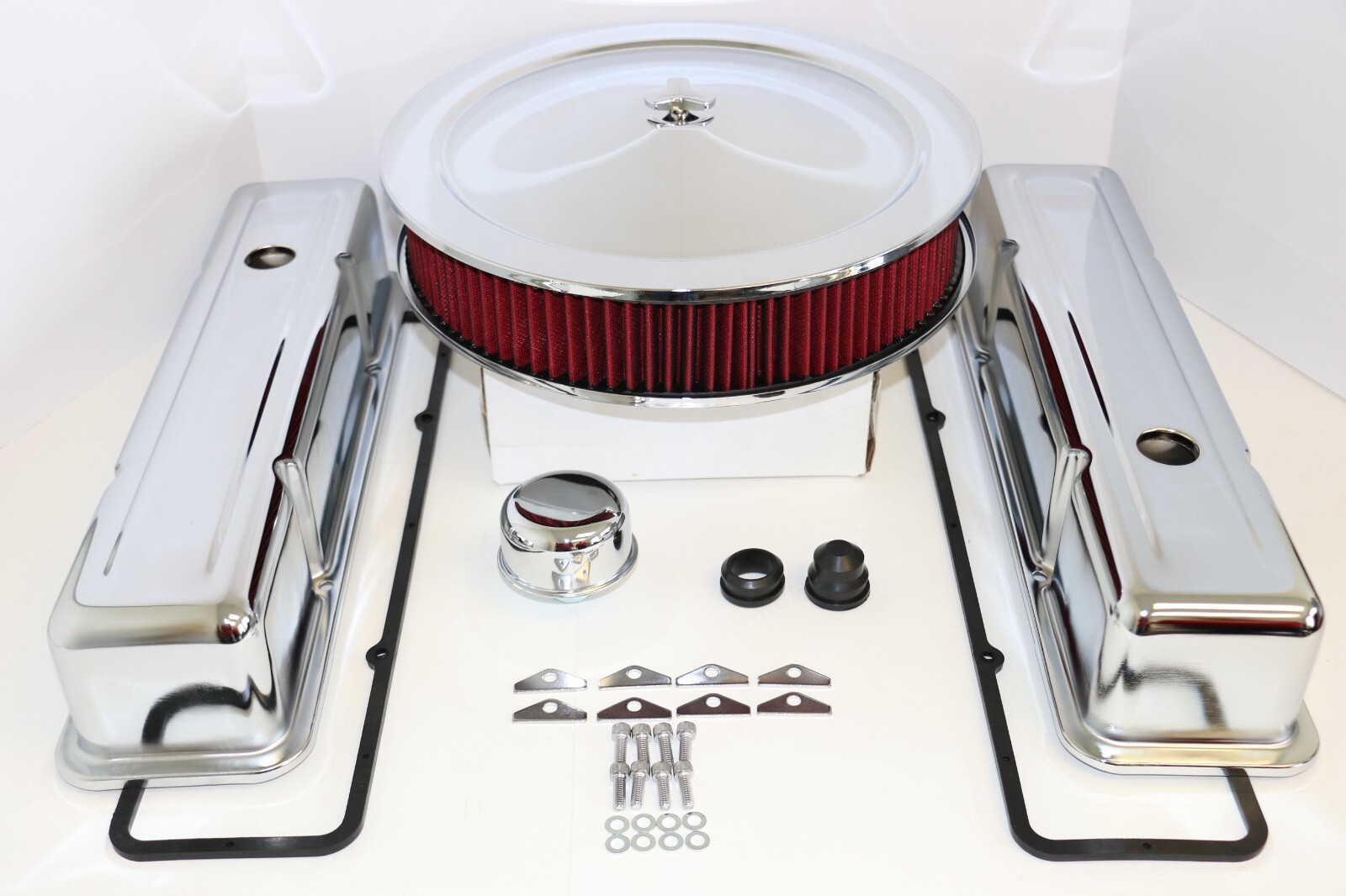 SB Chevy Chrome Engine Dress Up Kit Tall Valve Covers Washable Filter SBC 350