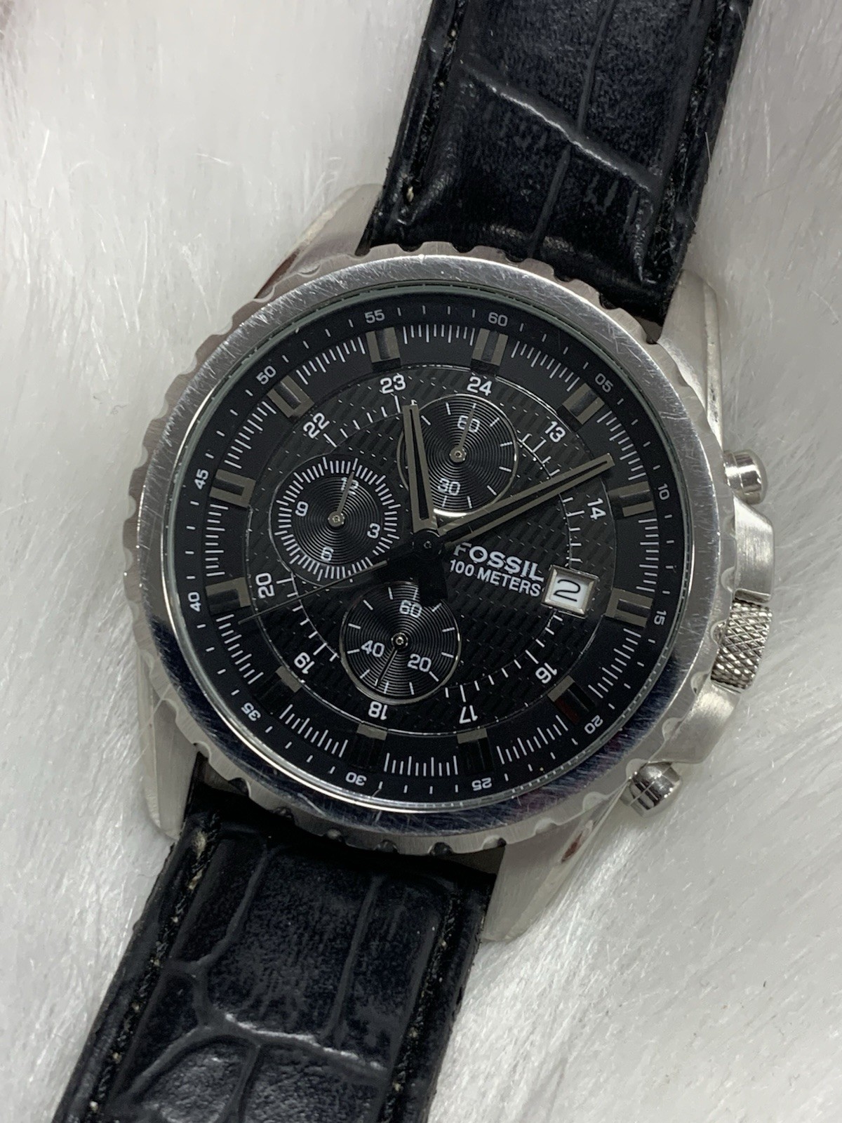 Fossil Blue Chronograph Date Watch CH-2497 100M/330Ft Black Leather Band Fossil Blue Chronograph Date Watch CH-2497 100M/330Ft Black Leather Band