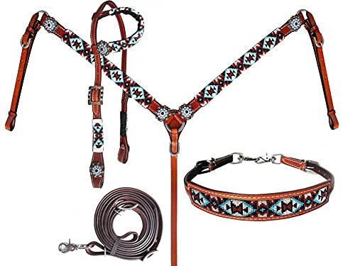 Showman Leather Headstall & Breast Collar Set w/ Beaded Southwest Design