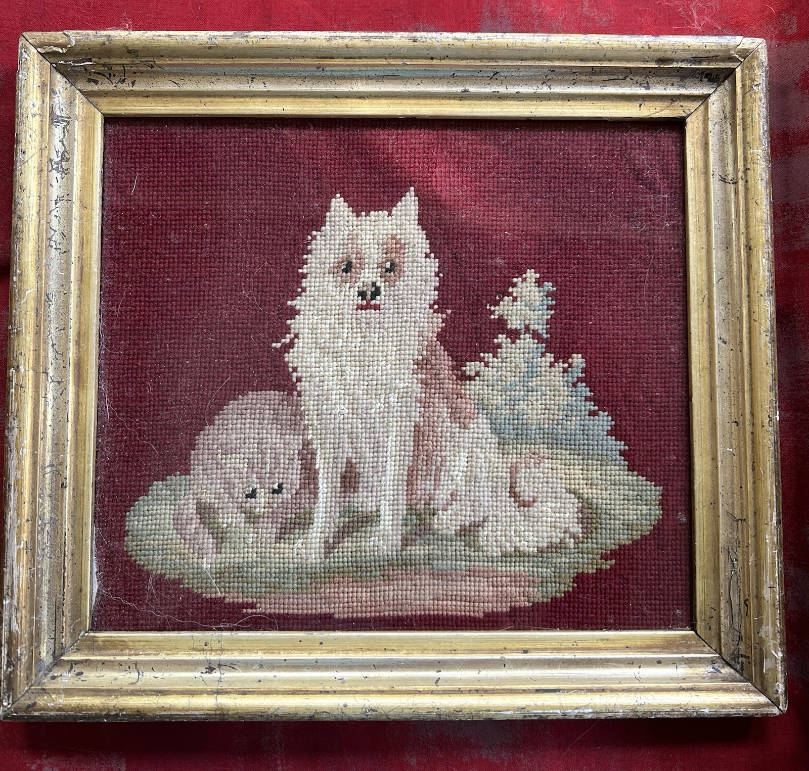 Antique Victorian Pet Needlepoint- Fluffy White Dog, Cat, & Puppy - Gilt Frame