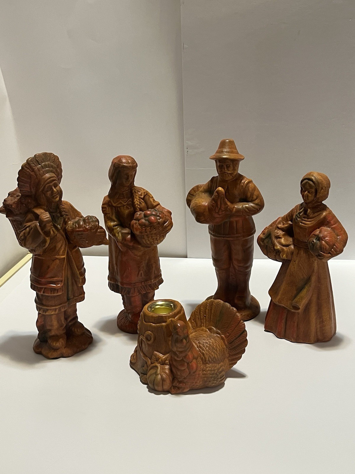 VTG Thanksgiving Pilgrim Native Figurines (5 Pieces) Bisque Ceramic 8\ VTG Thanksgiving Pilgrim Native Figurines (5 Pieces) Bisque Ceramic 8\