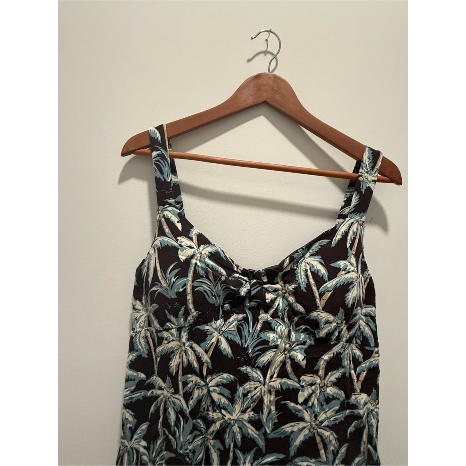 VTG Y2K Tropical Palm Print Cotton Slip Dress Brown & Blue Resortwear Large