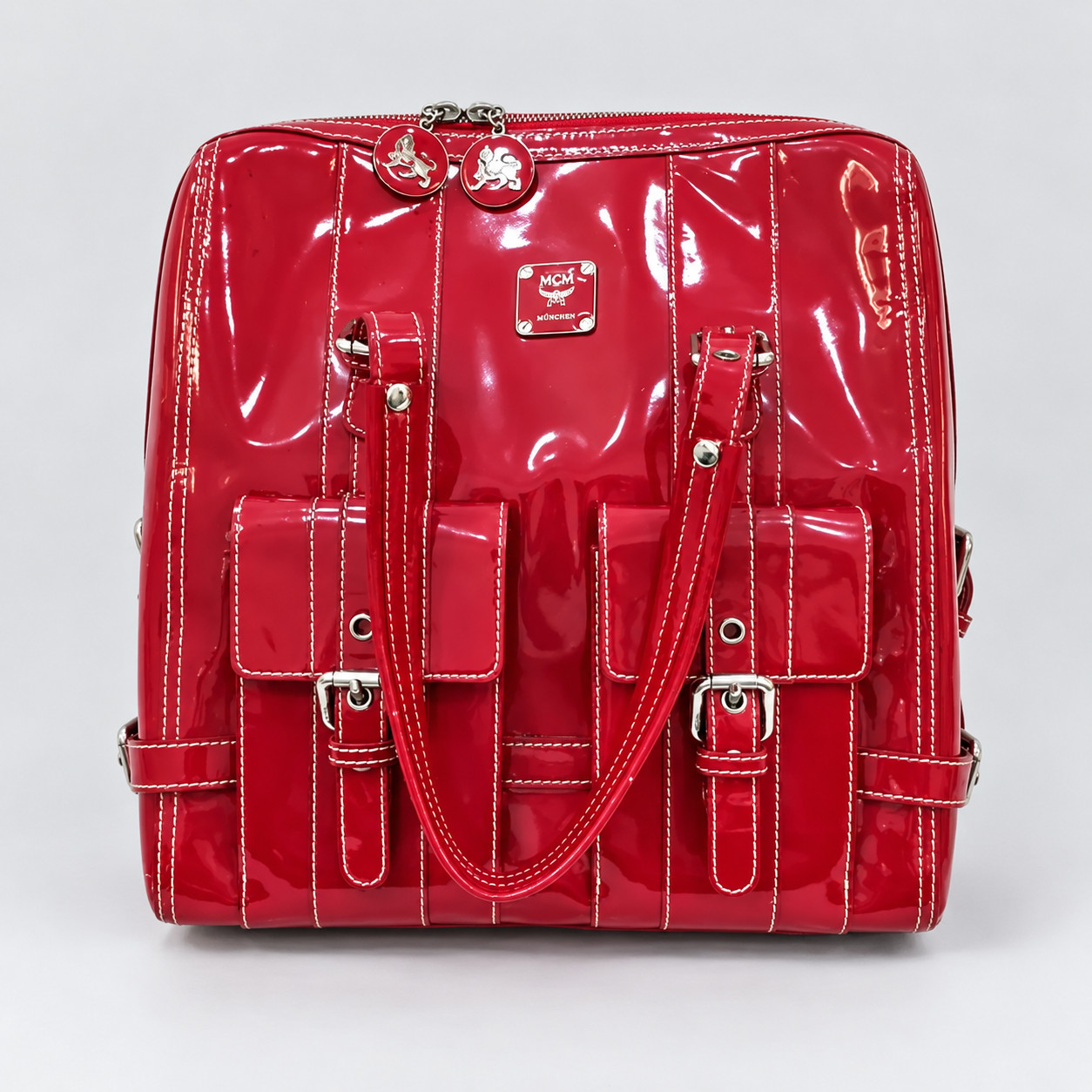 MCM München Classic Vintage Y2K Red Patent Leather Two-Pocket Tote Bag