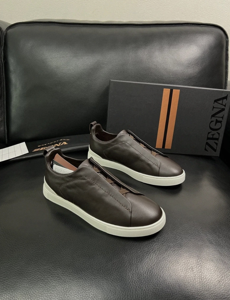 Men\'s Zegna Triple Stitch Dark Brown Leather Slip On Casual Sneakers