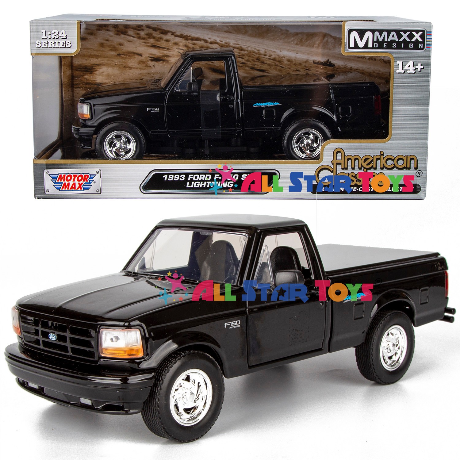 Motormax 1993 Ford F-150 SVT Lightning Pickup 1/24 Diecast Model Black 79398 Motormax 1993 Ford F-150 SVT Lightning Pickup 1/24 Diecast Model Black 79398