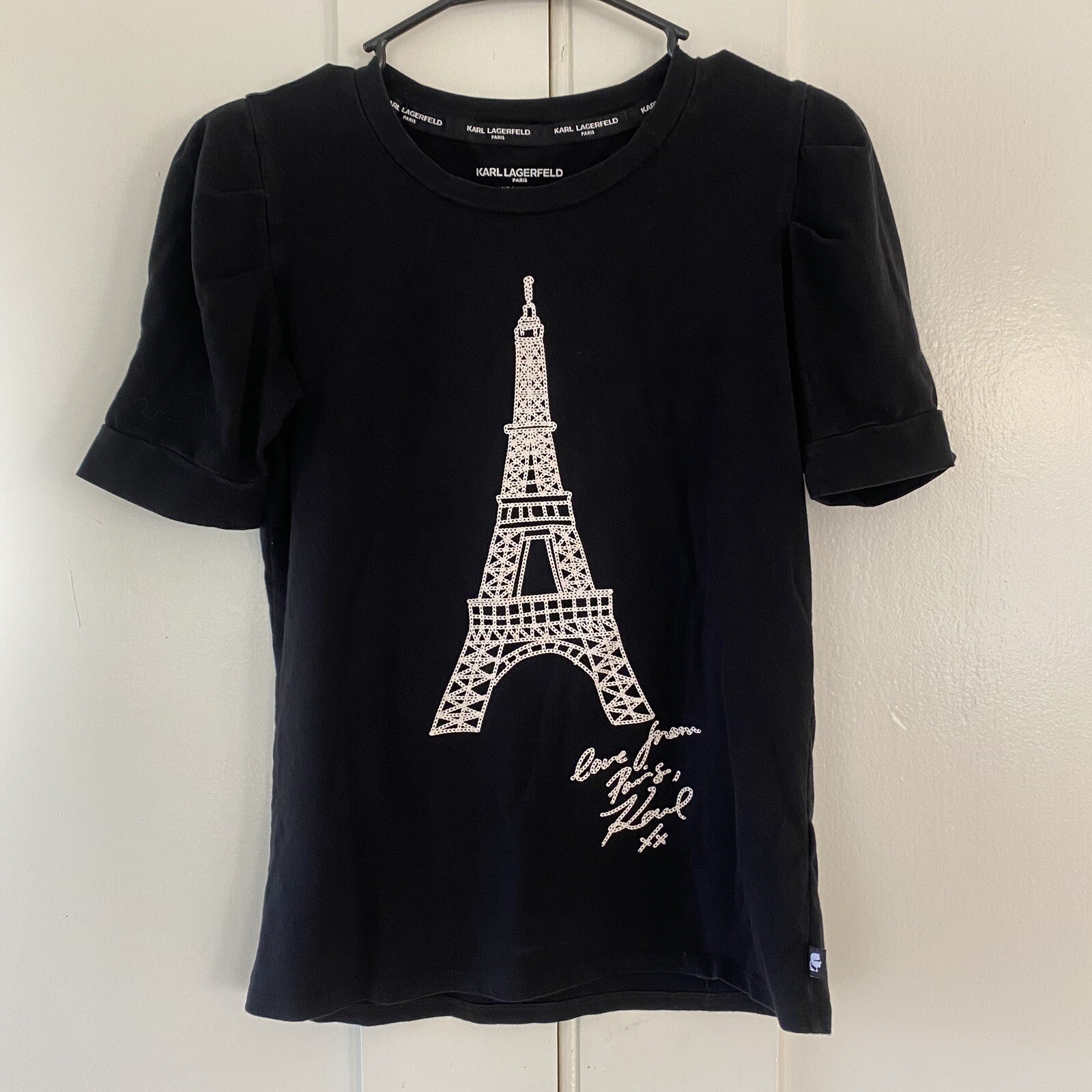 Karl Lagerfeld Paris Women’s T-Shirt Eiffel Tower Graphic Tee Cotton Black Sz XS