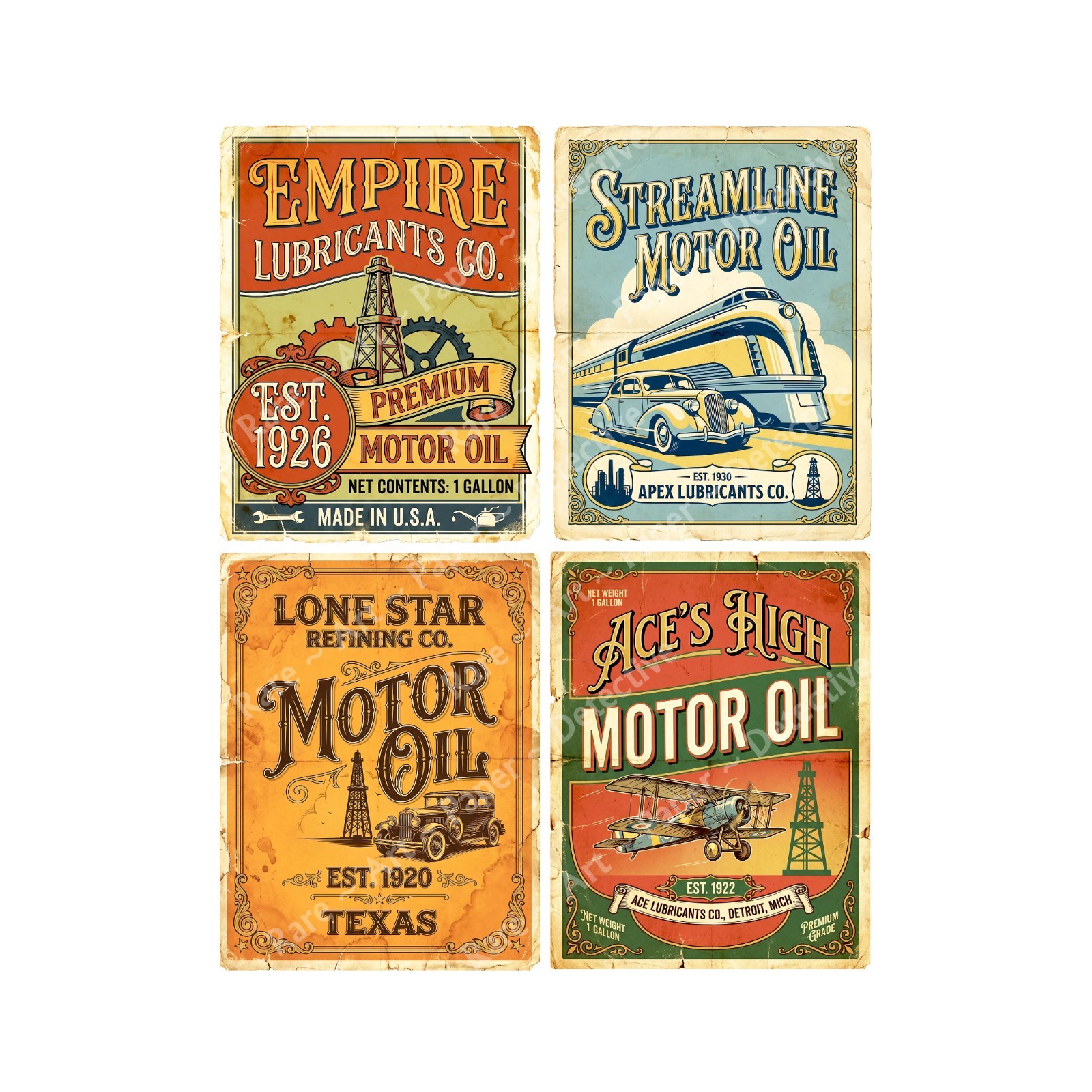 Oil Can Labels, Retro Oil Stickers for making Garage Decor, 4 Labels, 1494