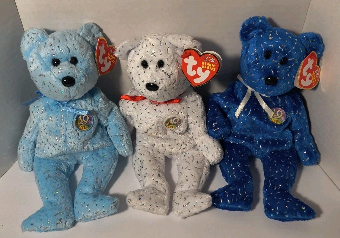 Ty Beanie Babies DECADE Bear Lot Blue,Light Blue & White 10th Anniv (3) w/ Tags