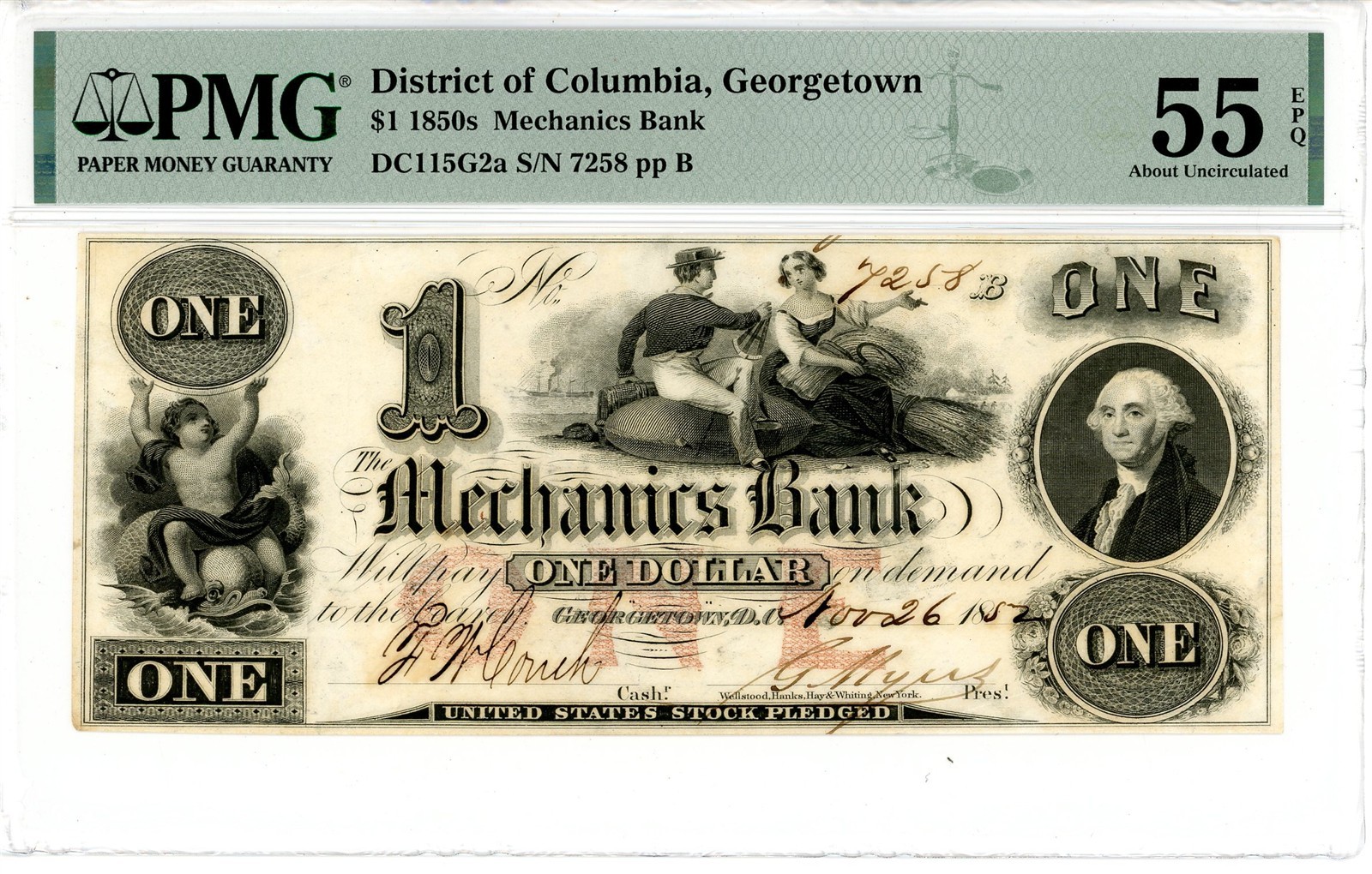 1850s $1 Obsolete Banknote Mechanics Bank, DC, Georgetown 55 EPQ PMG 2372052-008
