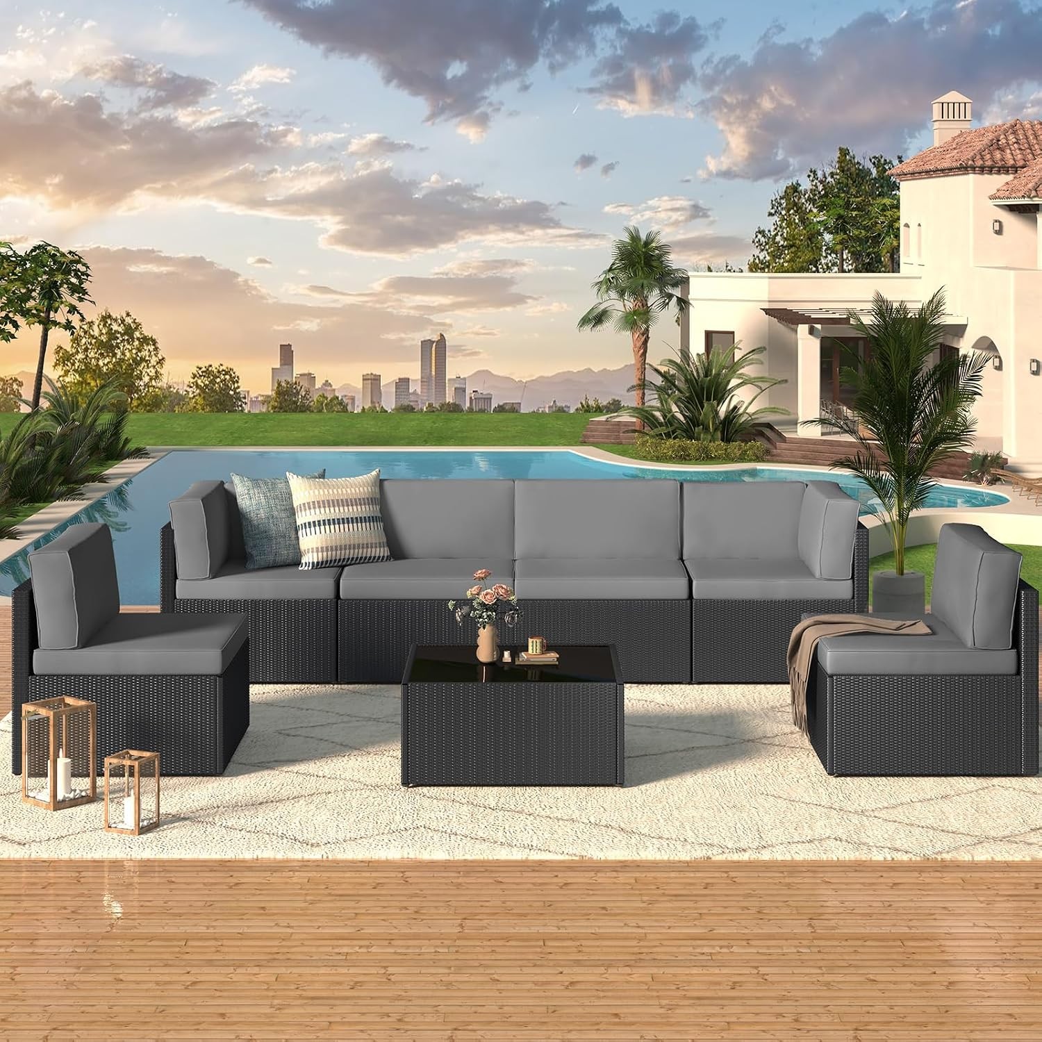 7-Piece Outdoor Patio Rattan Sectional Sofa Set w/ Table Black Dark Gray 7-Piece Outdoor Patio Rattan Sectional Sofa Set w/ Table Black Dark Gray