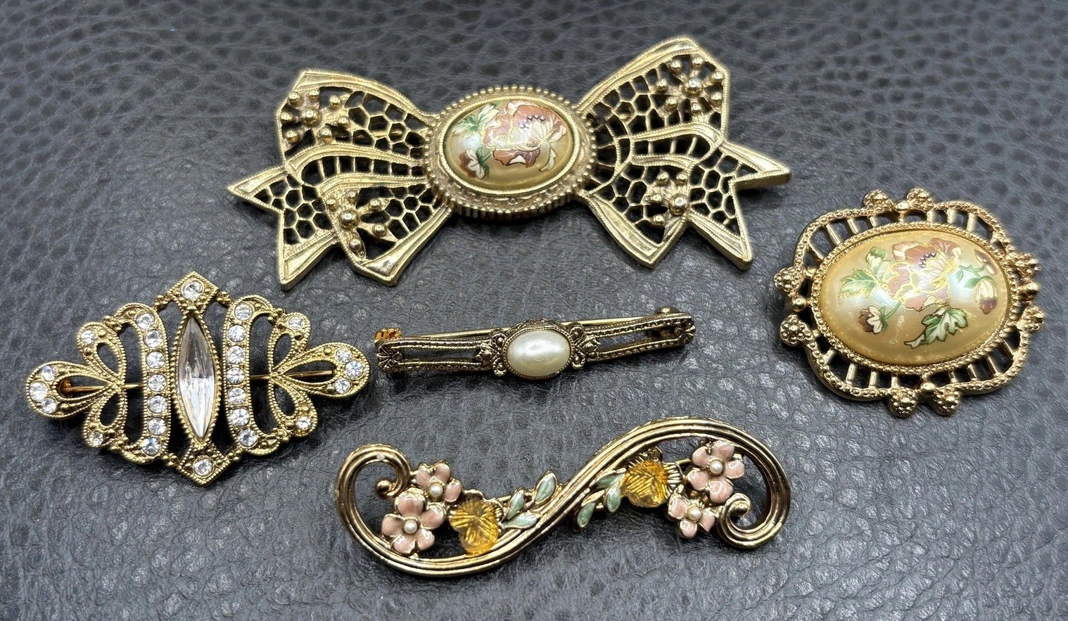 Vintage 1928 Brooch Lot Floral Cameo Rhinestone Pearl Bow Set of 5 Gold Tone