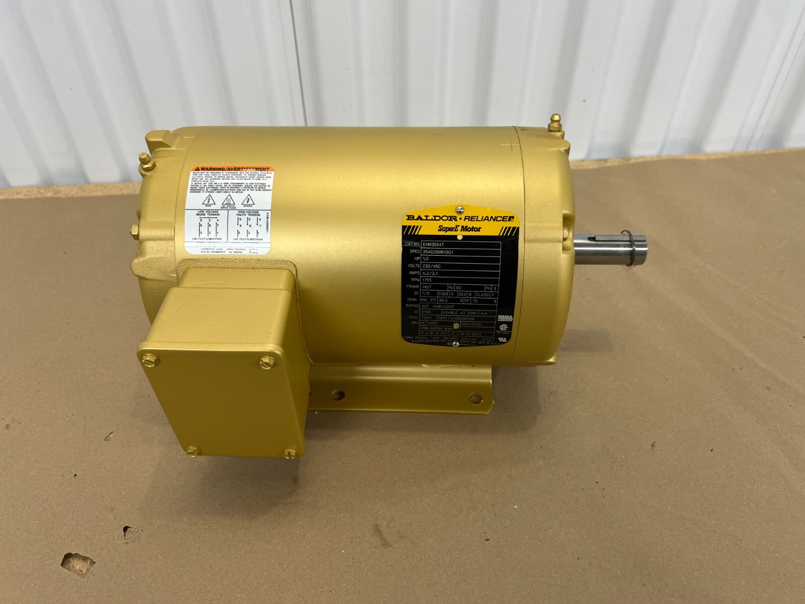 Baldor ENM3554T, Super-E Motor, 1.5 HP, 230/460 V, 4.2/2.1 A, 1755 RPM, 3 Phase Baldor ENM3554T, Super-E Motor, 1.5 HP, 230/460 V, 4.2/2.1 A, 1755 RPM, 3 Phase