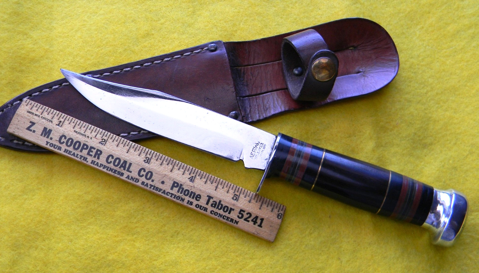 RARE, Aerial Cutlery, hunting knife, original sheath, unique spacer pattern.
