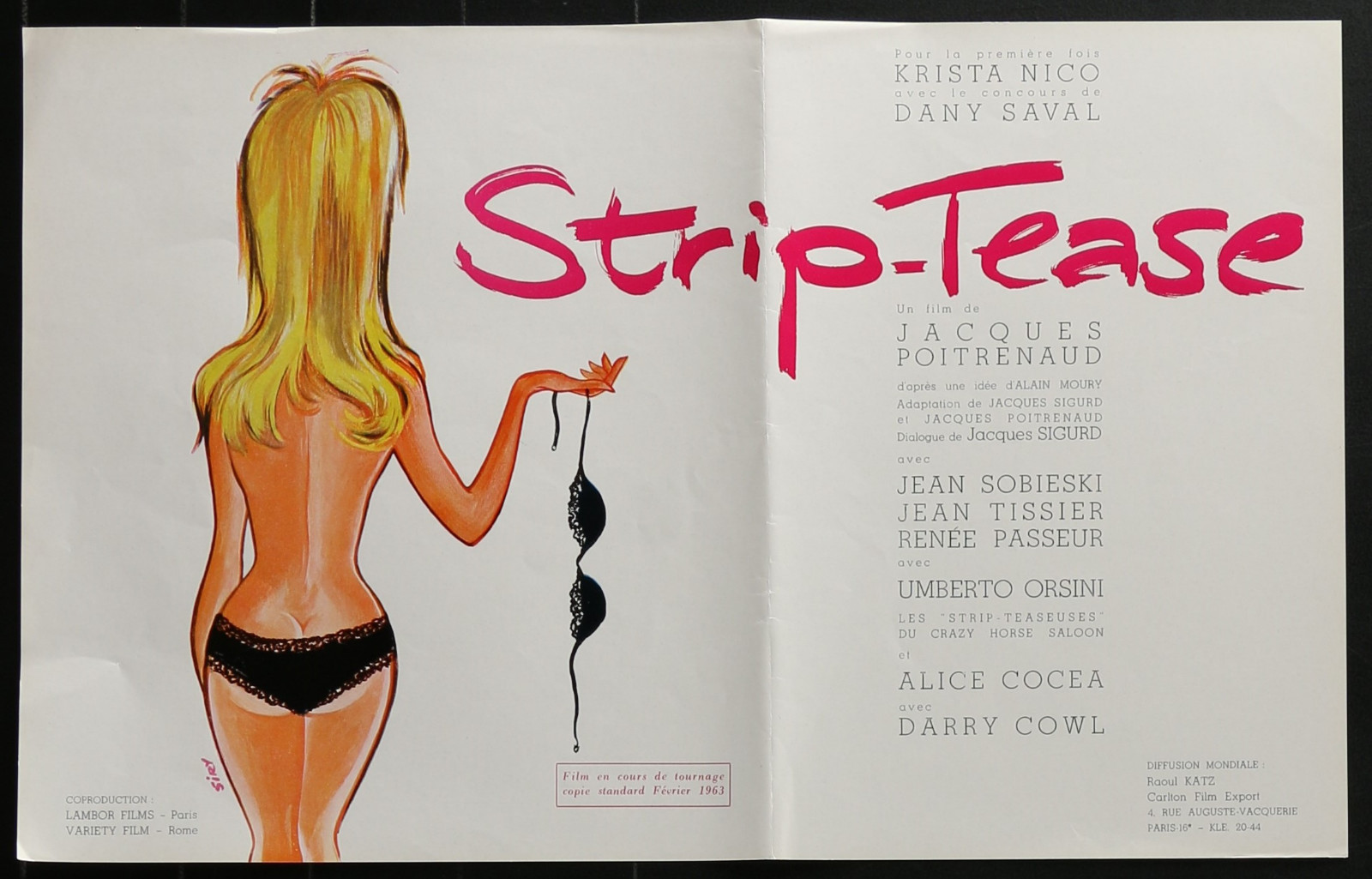 STRIP-TEASE 1963 Original French Movie Poster 15x21 Jean Sobieski Carlton Export